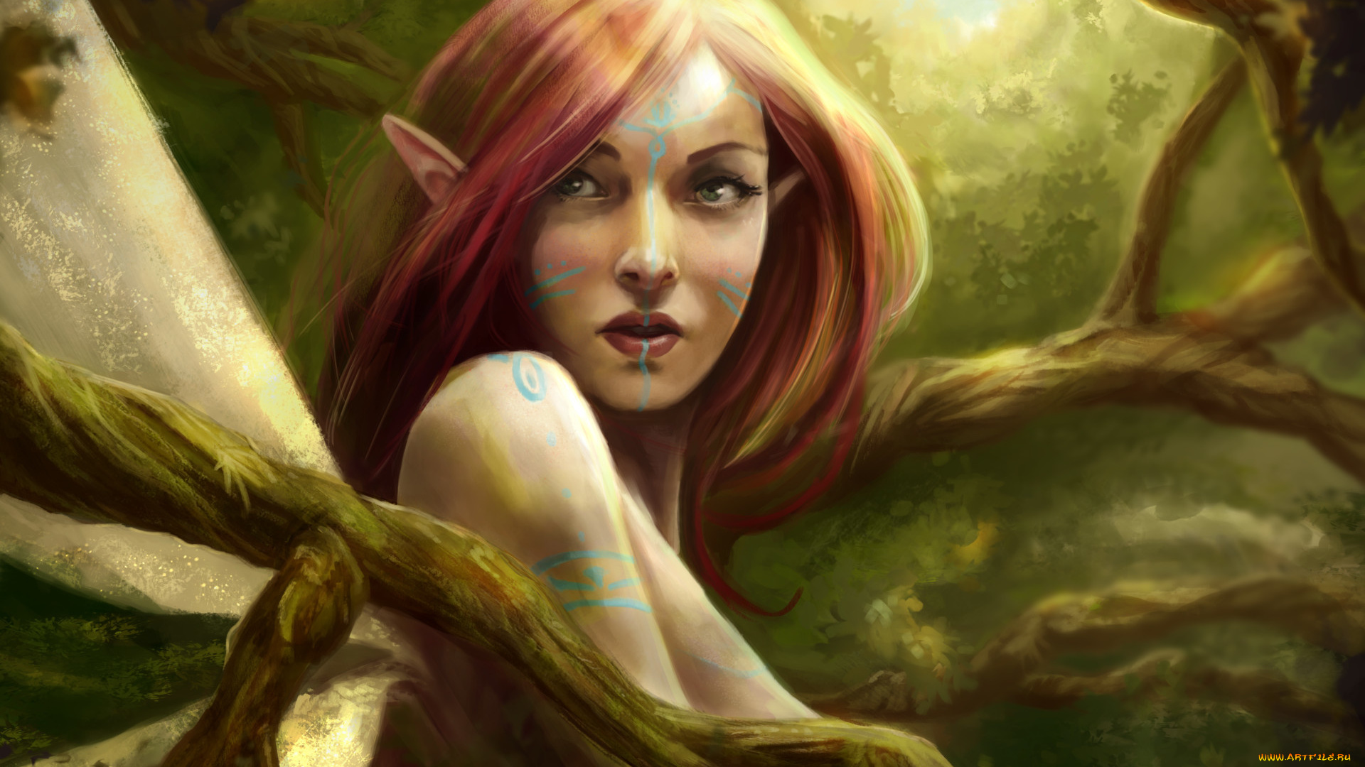 фэнтези, эльфы, фэнтази, арт, эльфийка, взгляд, ушки, природа, деревья