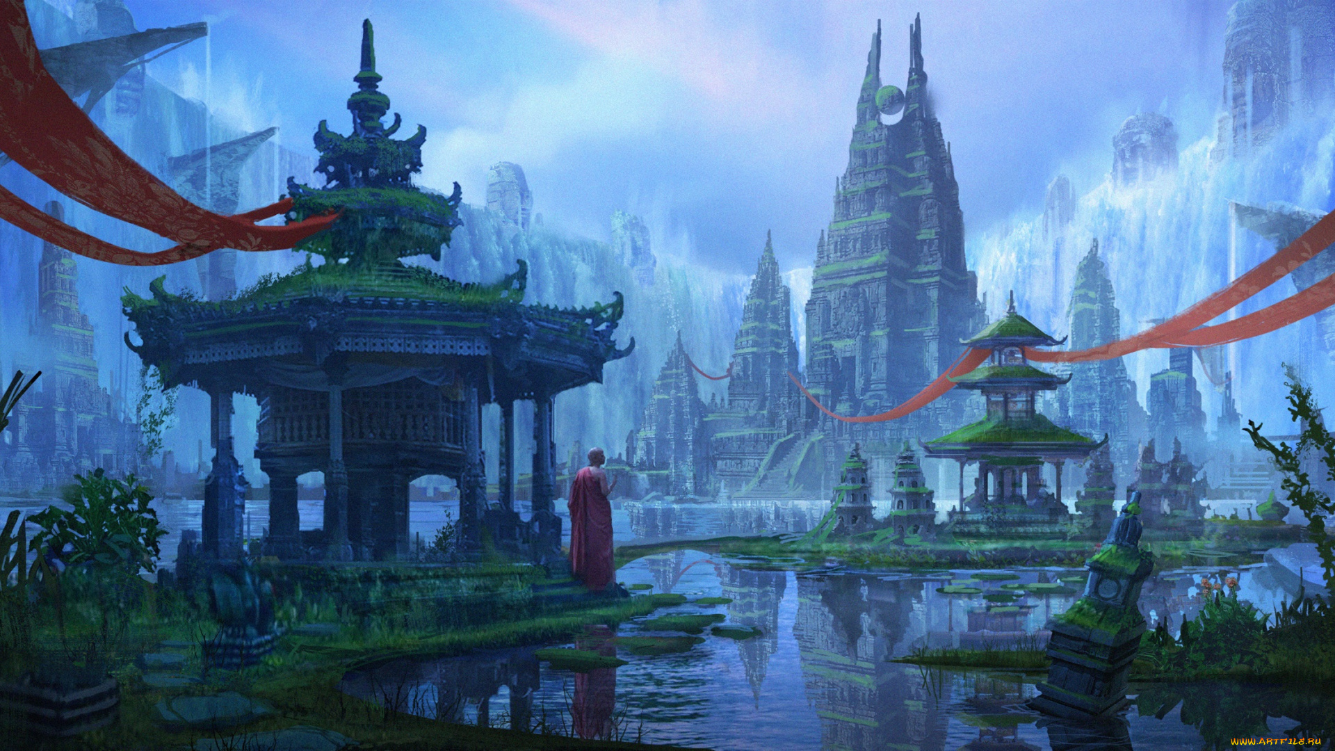 фэнтези, замки, монах, вода, atlantis, art, фантастика, башня, храм