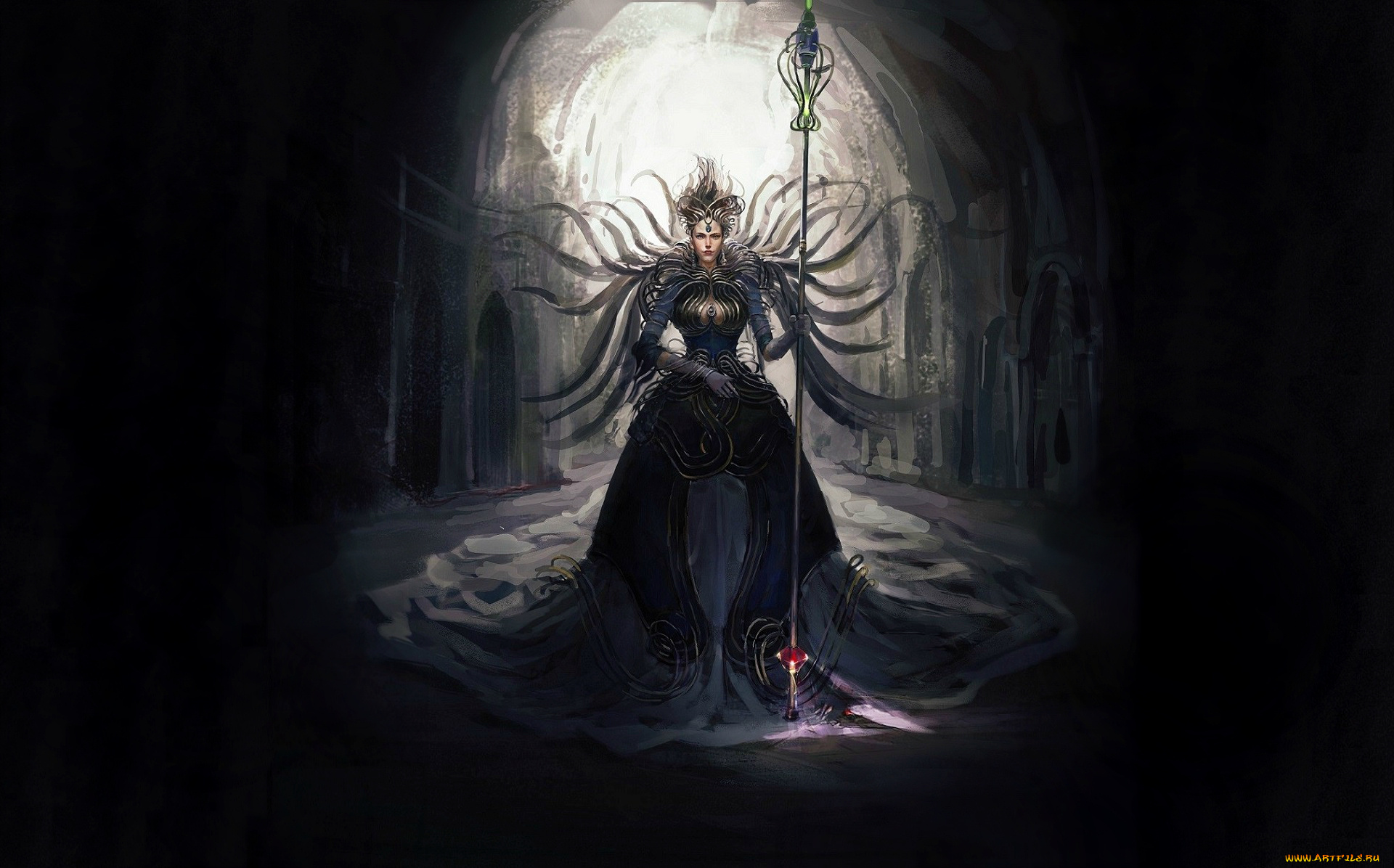 фэнтези, девушки, фон, помещение, посох, платье, взгляд, женщина, арт