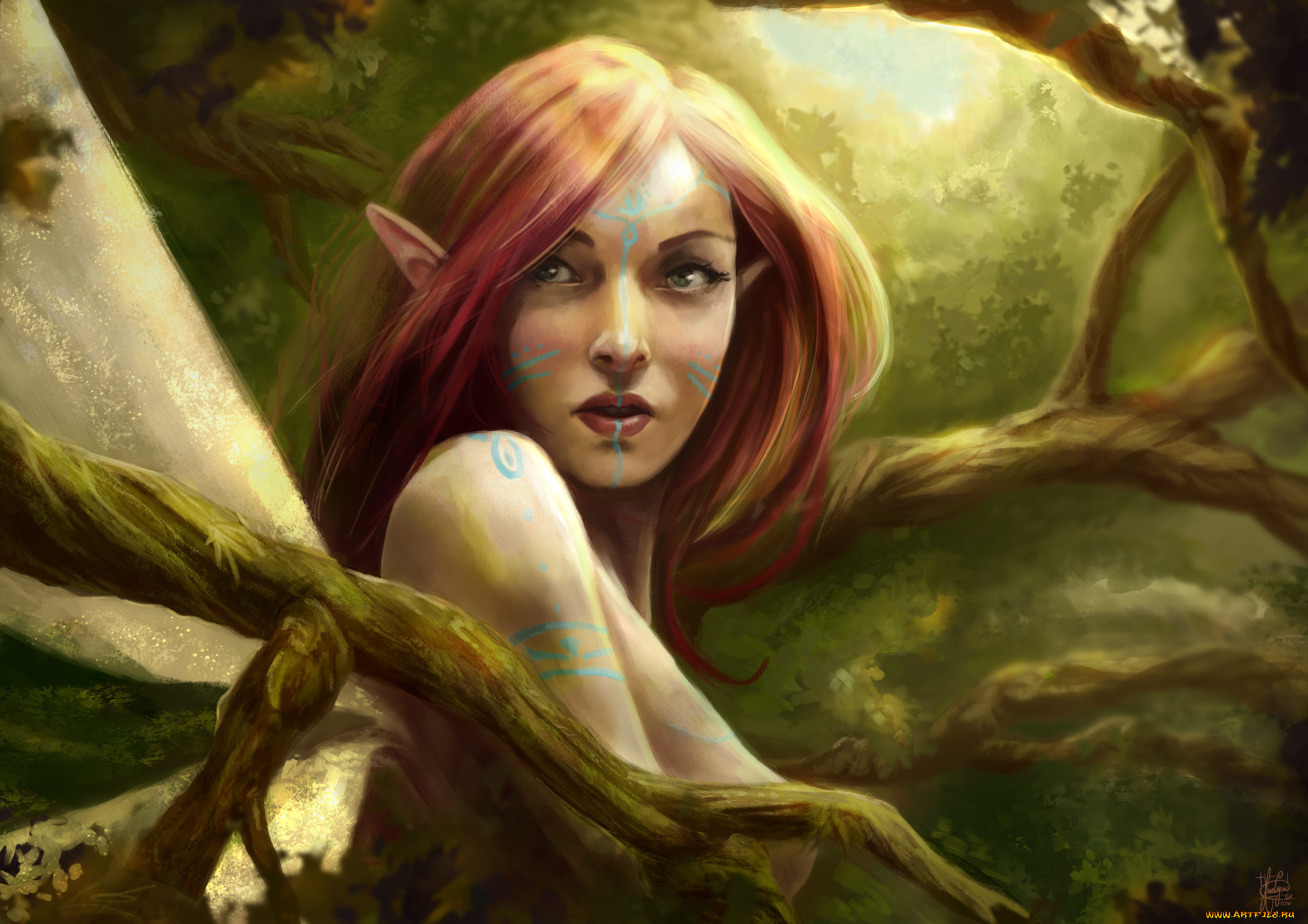 фэнтези, эльфы, фэнтази, арт, эльфийка, взгляд, ушки, природа, деревья
