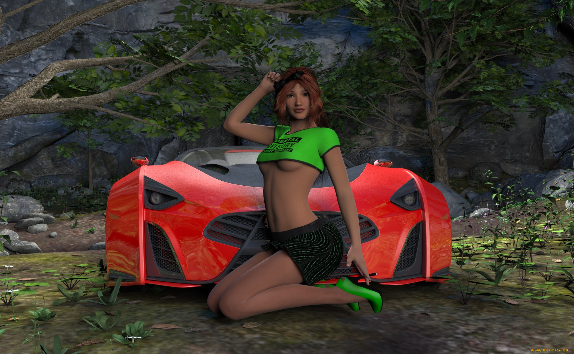 3д, графика, люди-авто, мото, , people-, car, , , moto, девушка, взгляд, фон, автомобиль