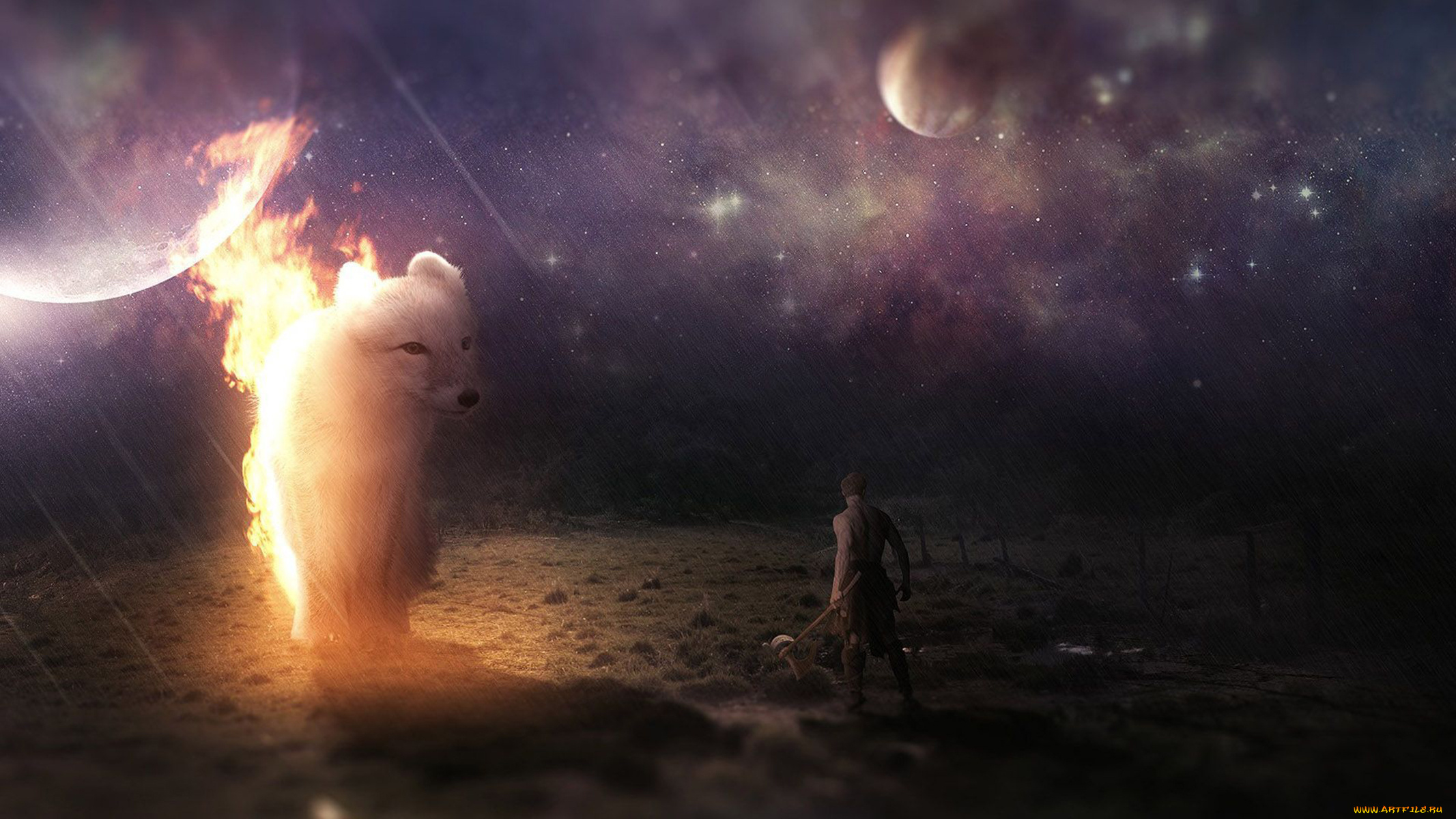 фэнтези, оборотни, волк, огонь, существо, огненный, песец, собака