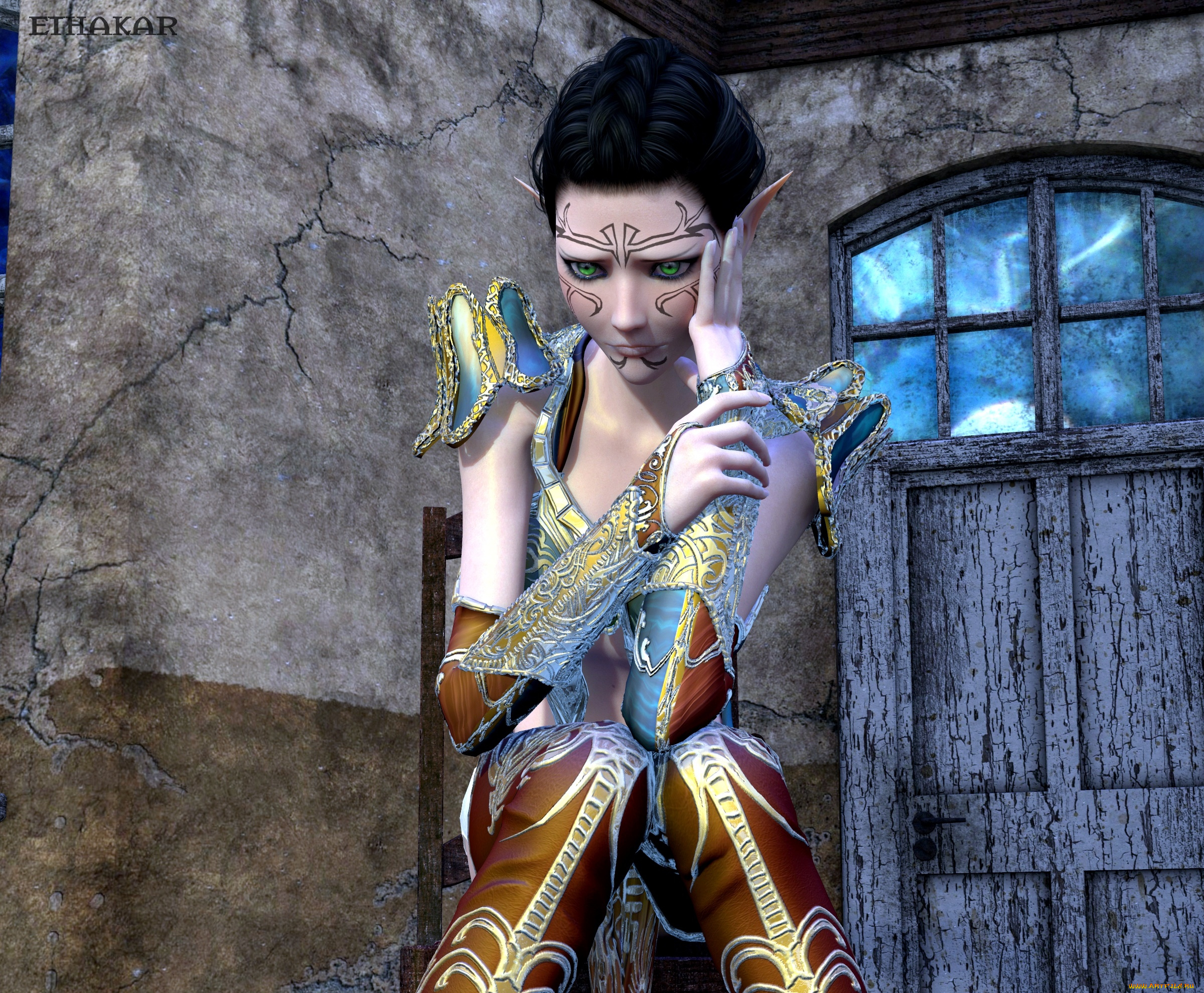 3д, графика, эльфы, , elves, фон, взгляд, эльфийка