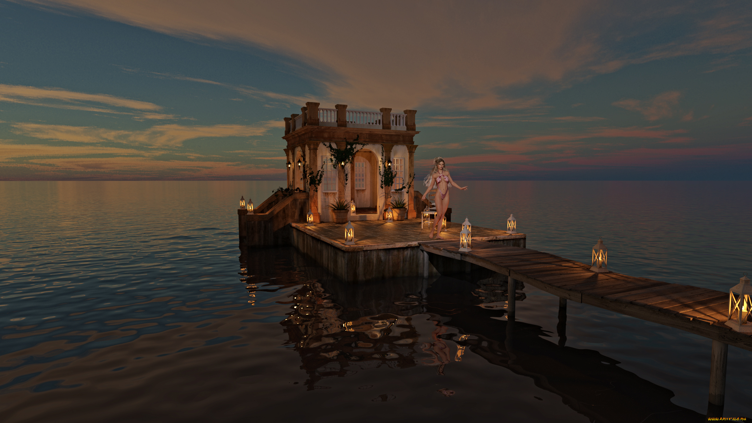 3д, графика, люди, , people, вечер, взгляд, девушка, пирс, море, фон