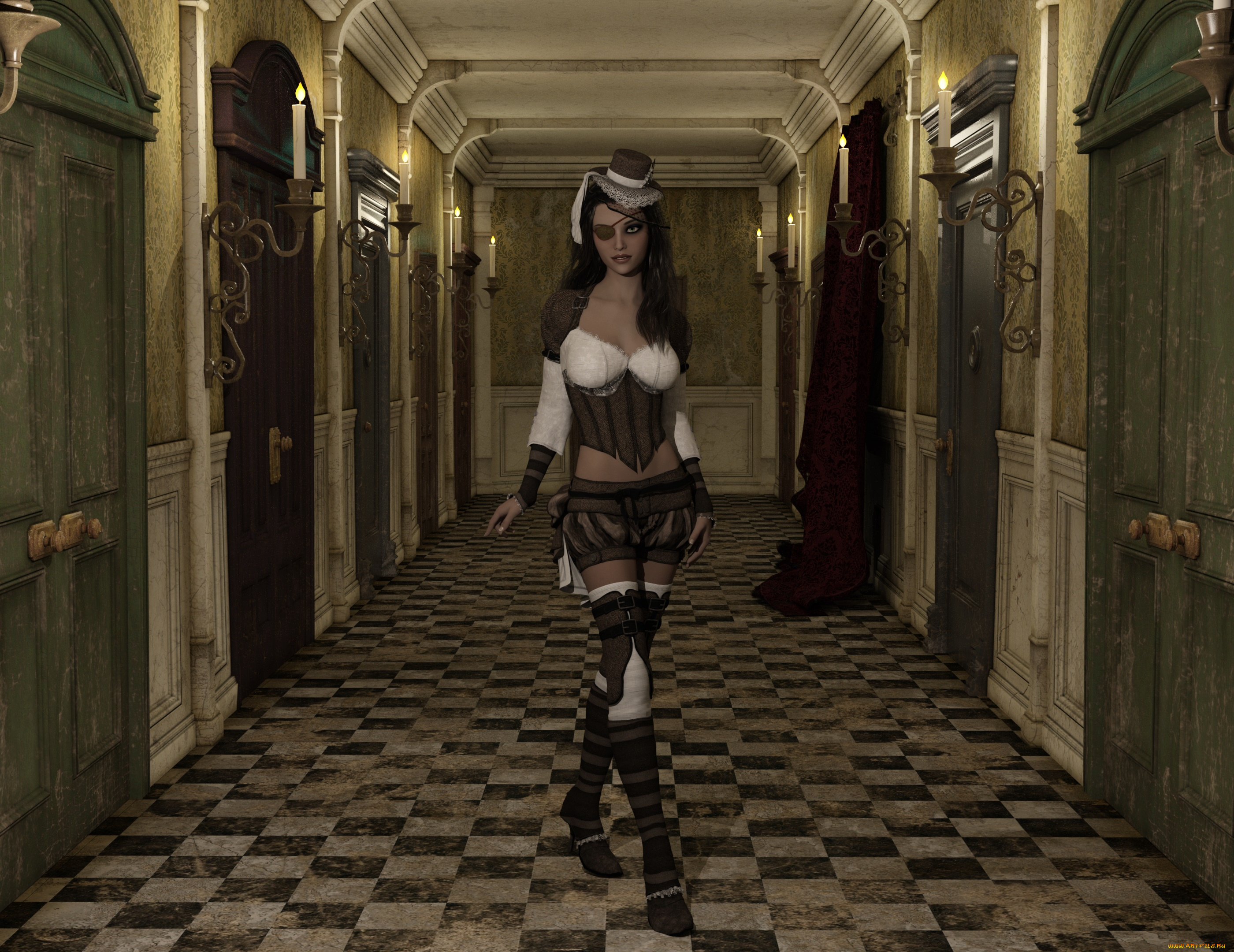 3д, графика, фантазия, , fantasy, интерьер, девушка, взгляд, фон