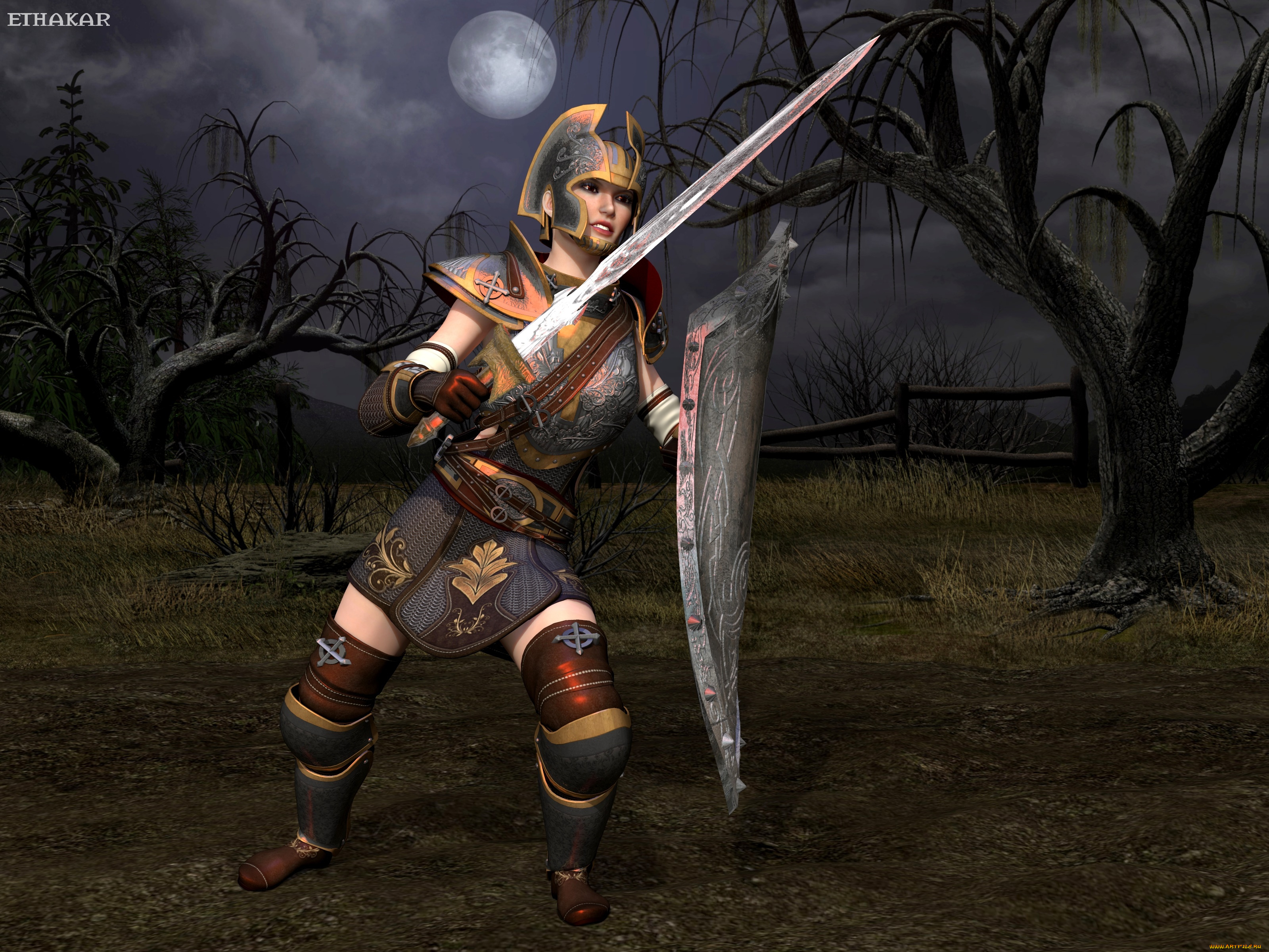 3д, графика, амазонки, , amazon, вечер, фон, оружие, луна, доспехи, взгляд, девушка