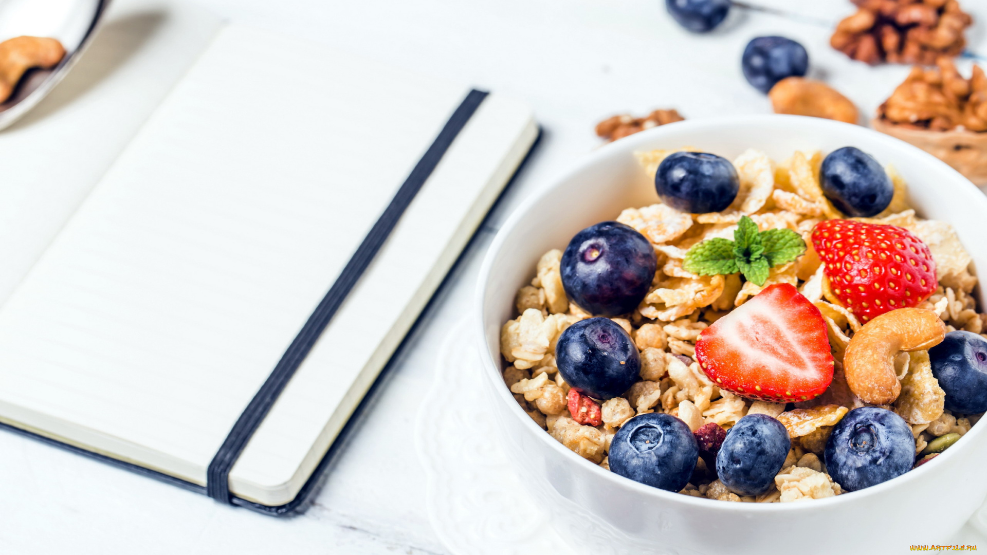 еда, мюсли, , хлопья, орехи, черника