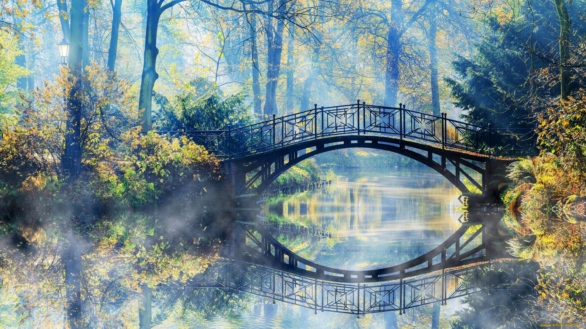 города, -, мосты, парк, кусты, речка, осень, деревья, мост