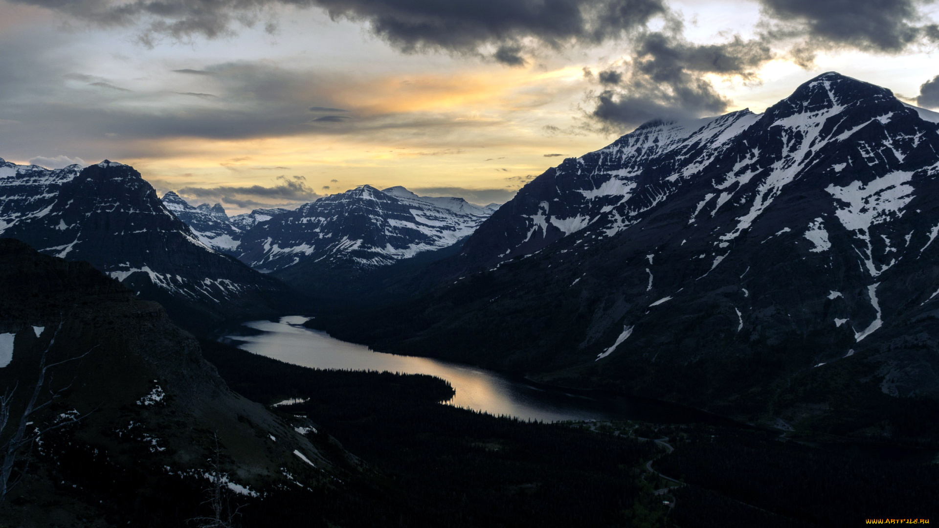 природа, горы, сумерки, река