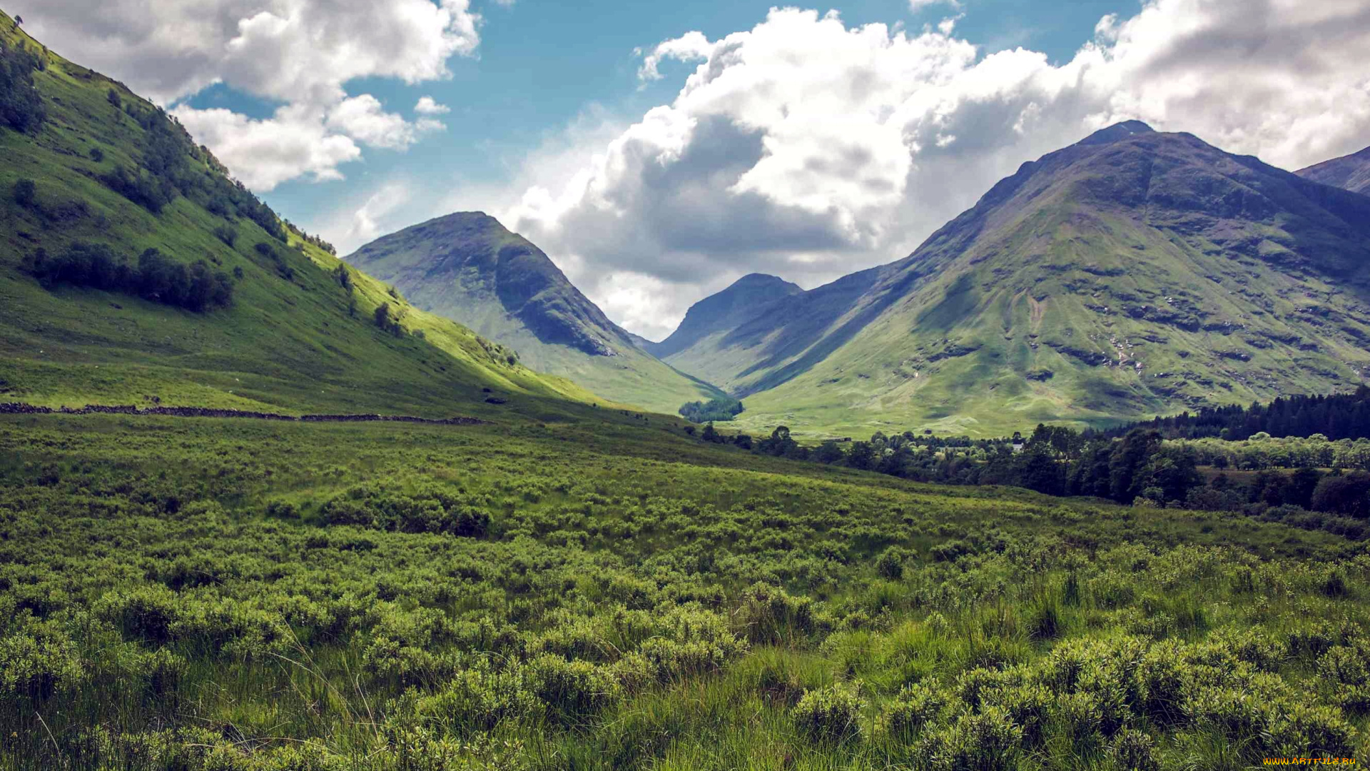 природа, луга, луг, долина, облака, горы