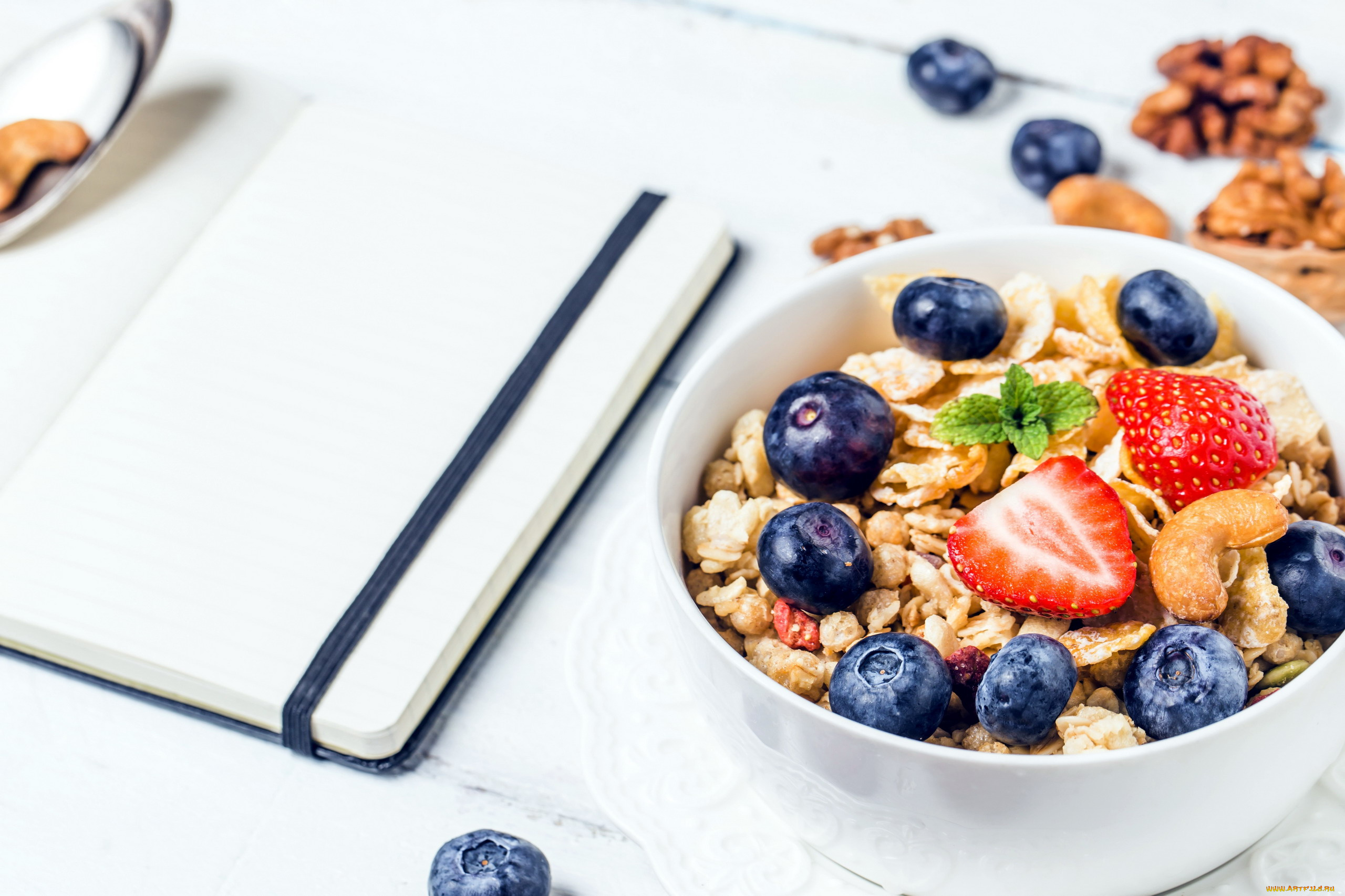 еда, мюсли, , хлопья, орехи, черника