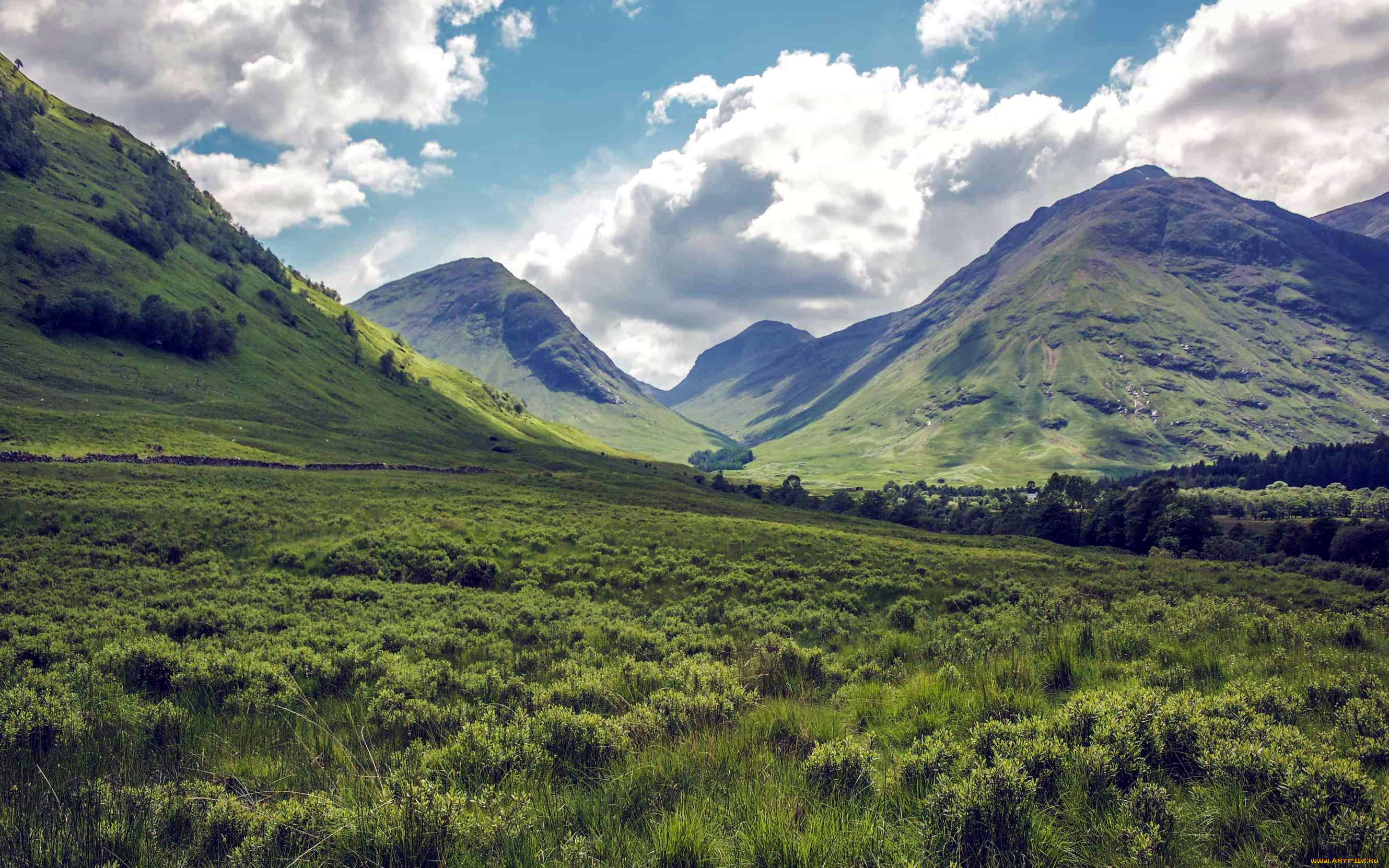 природа, луга, луг, долина, облака, горы