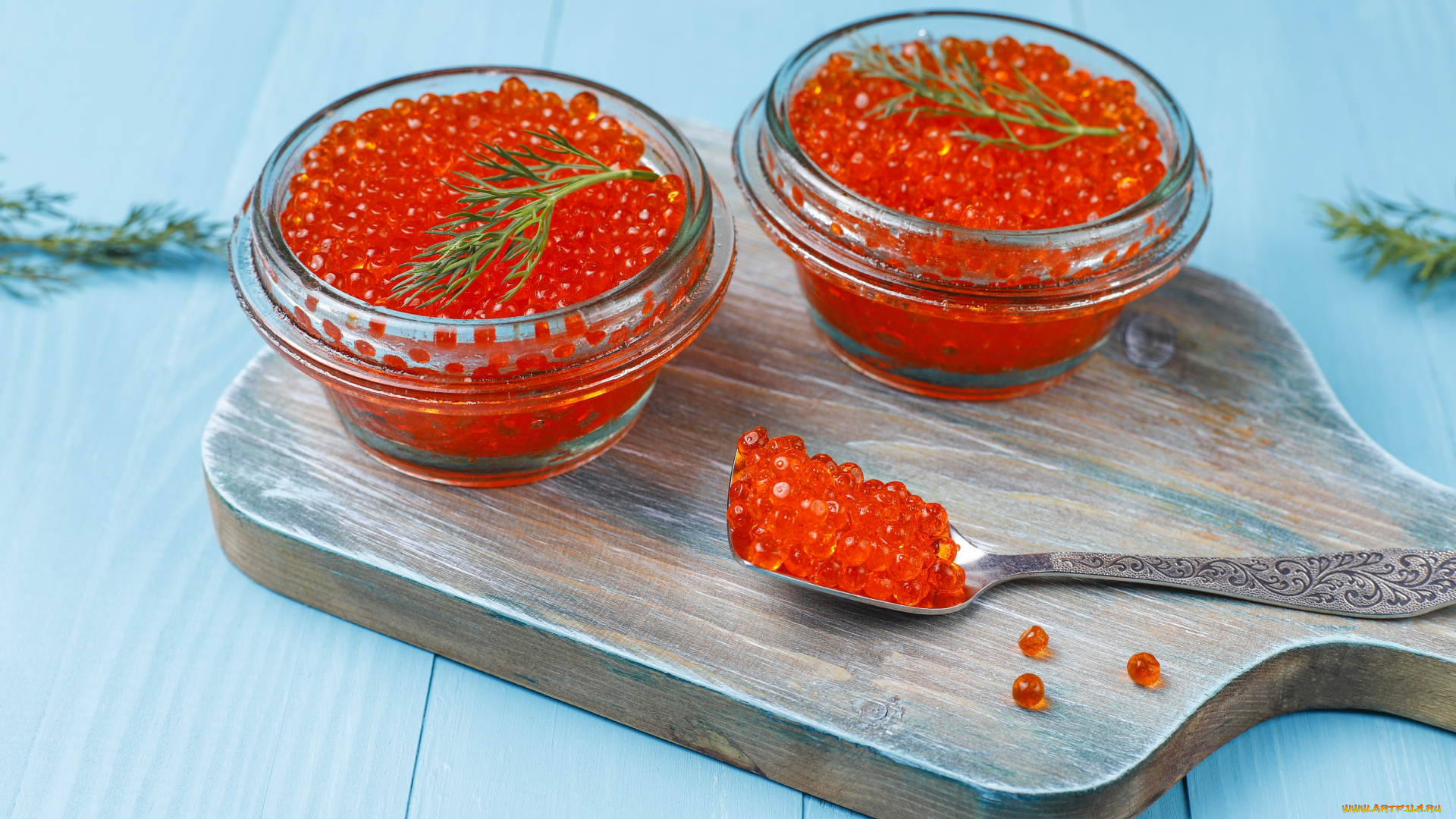 еда, икра, зелень, ложка, доска