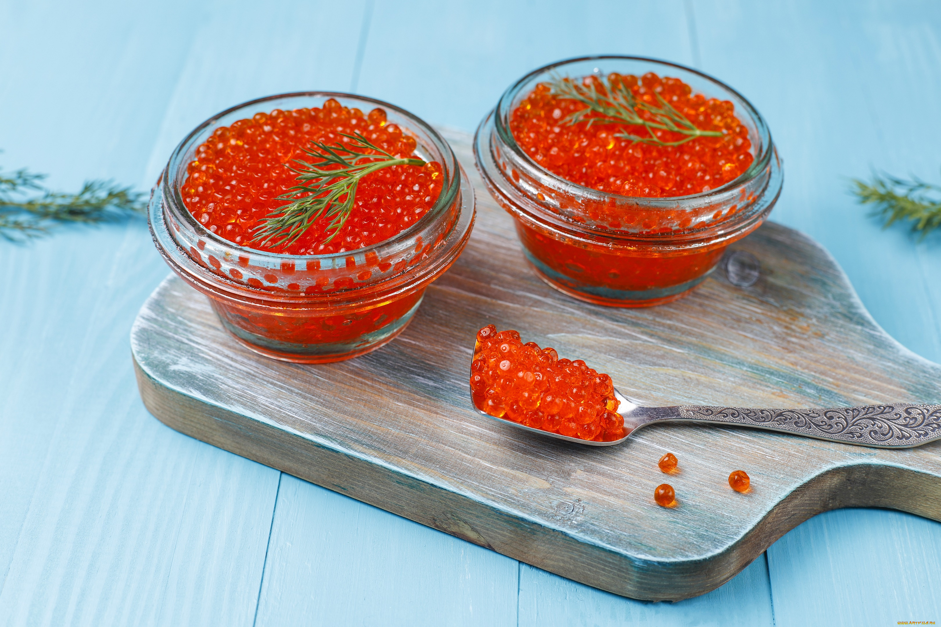 еда, икра, зелень, ложка, доска