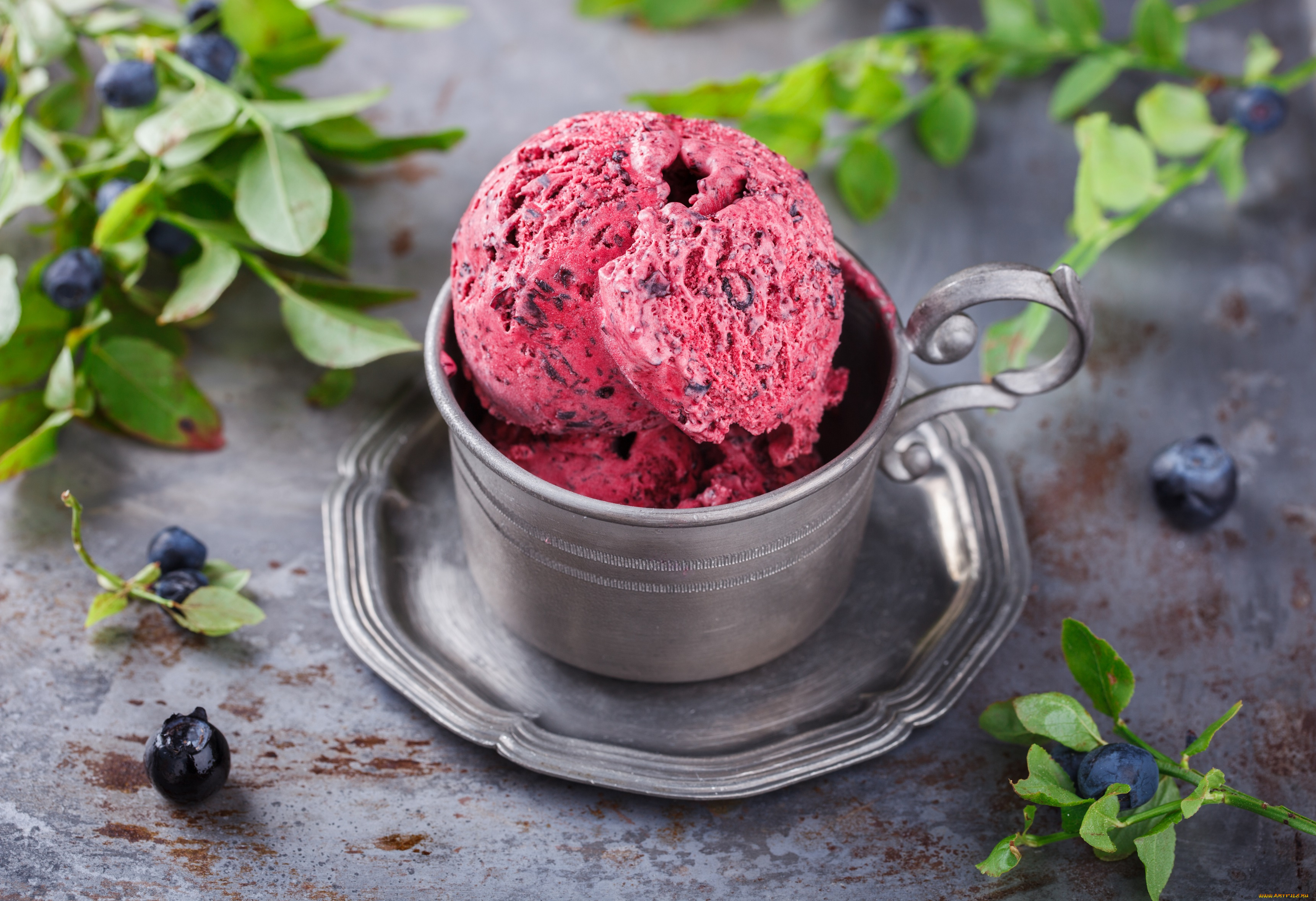еда, мороженое, , десерты, ягоды, черника, мята