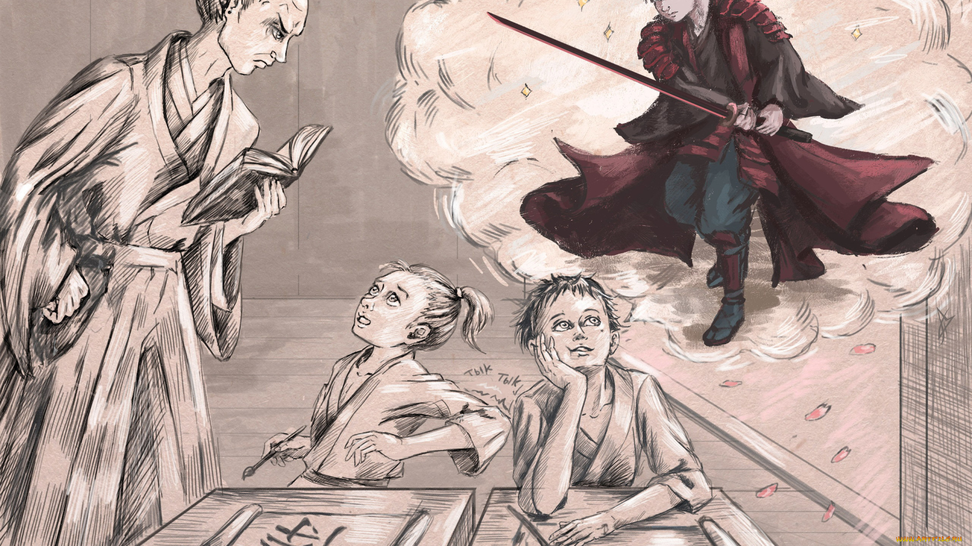 рисованное, люди, учитель, урок, ученики, мечты