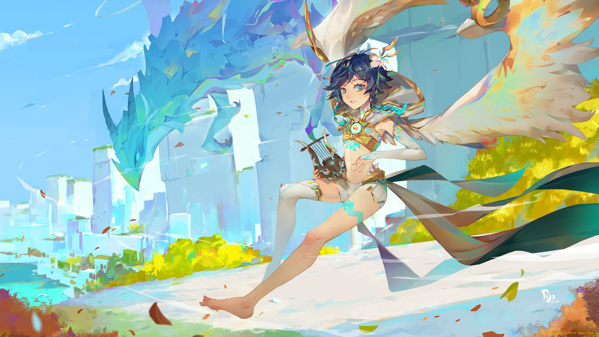 аниме, genshin, impact, девочка, крылья