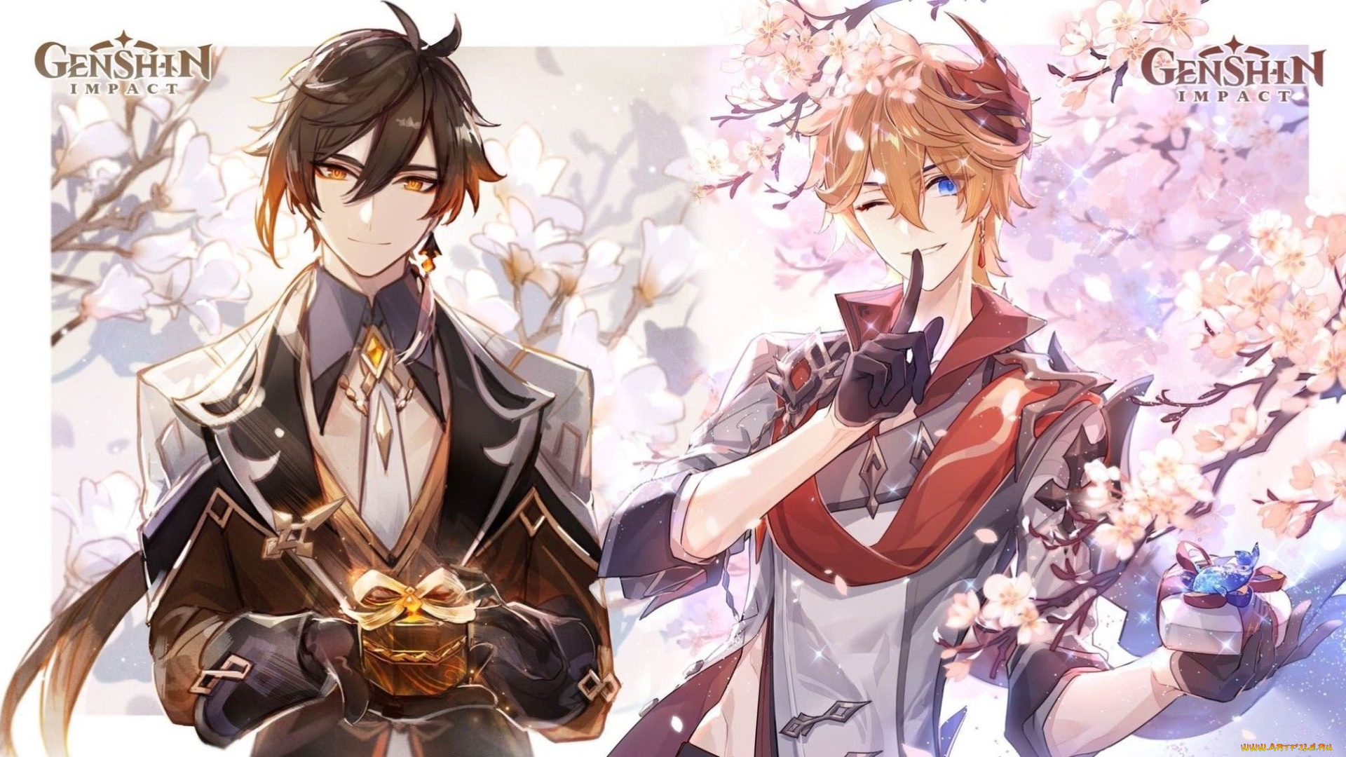 аниме, genshin, impact, парни, подарки, ветка, цветение