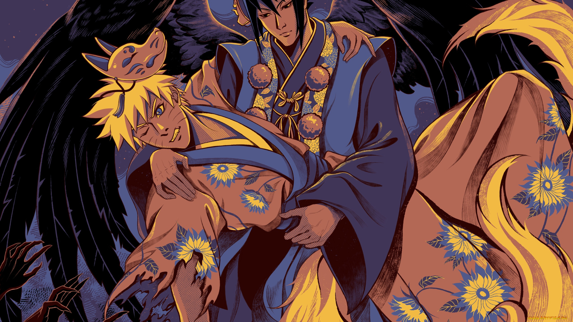 аниме, naruto, наруто, узумаки, саске, учиха, руки, маски, крылья