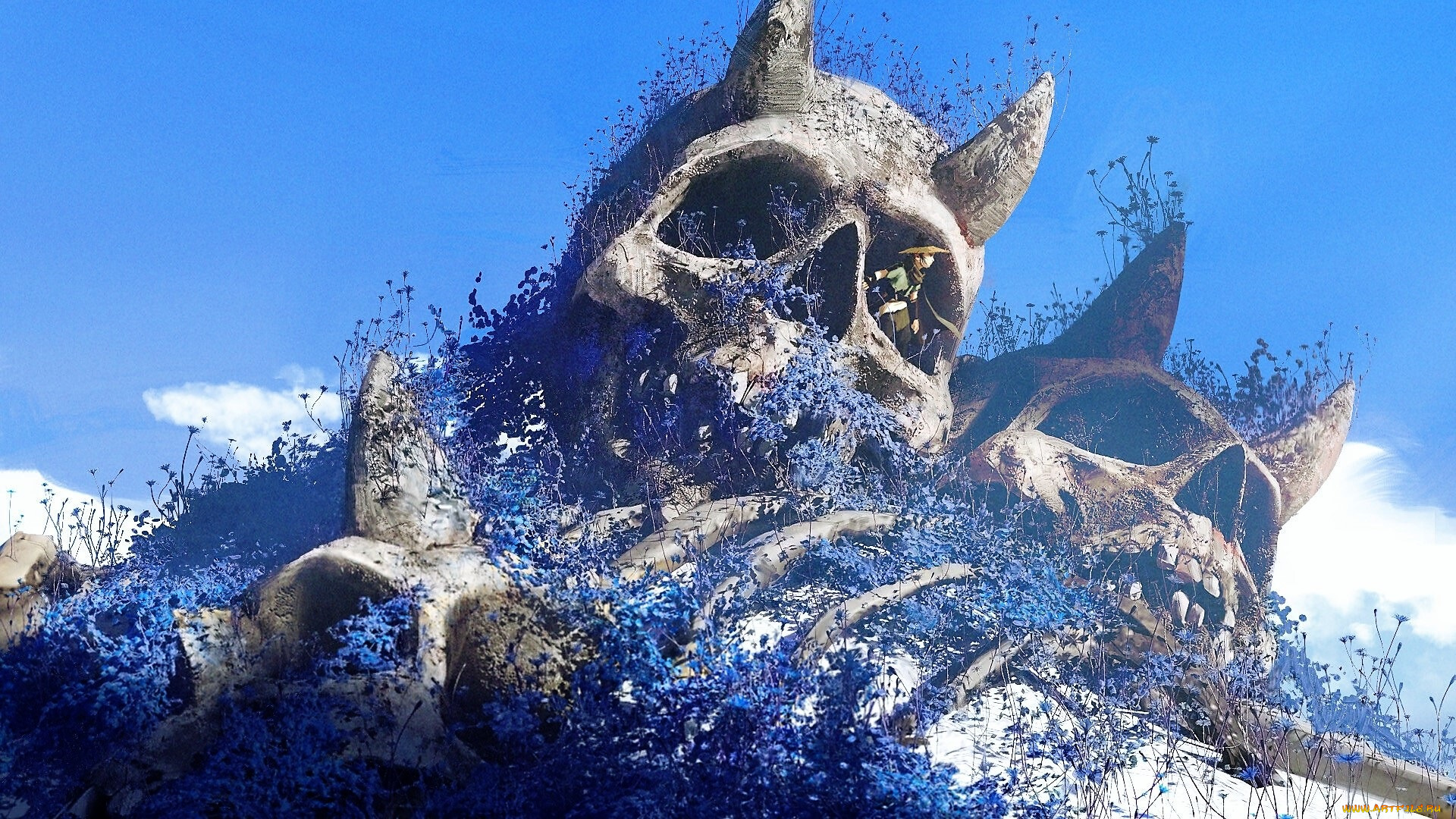 аниме, пейзажи, , природа, кости, черепа, цветы, человек