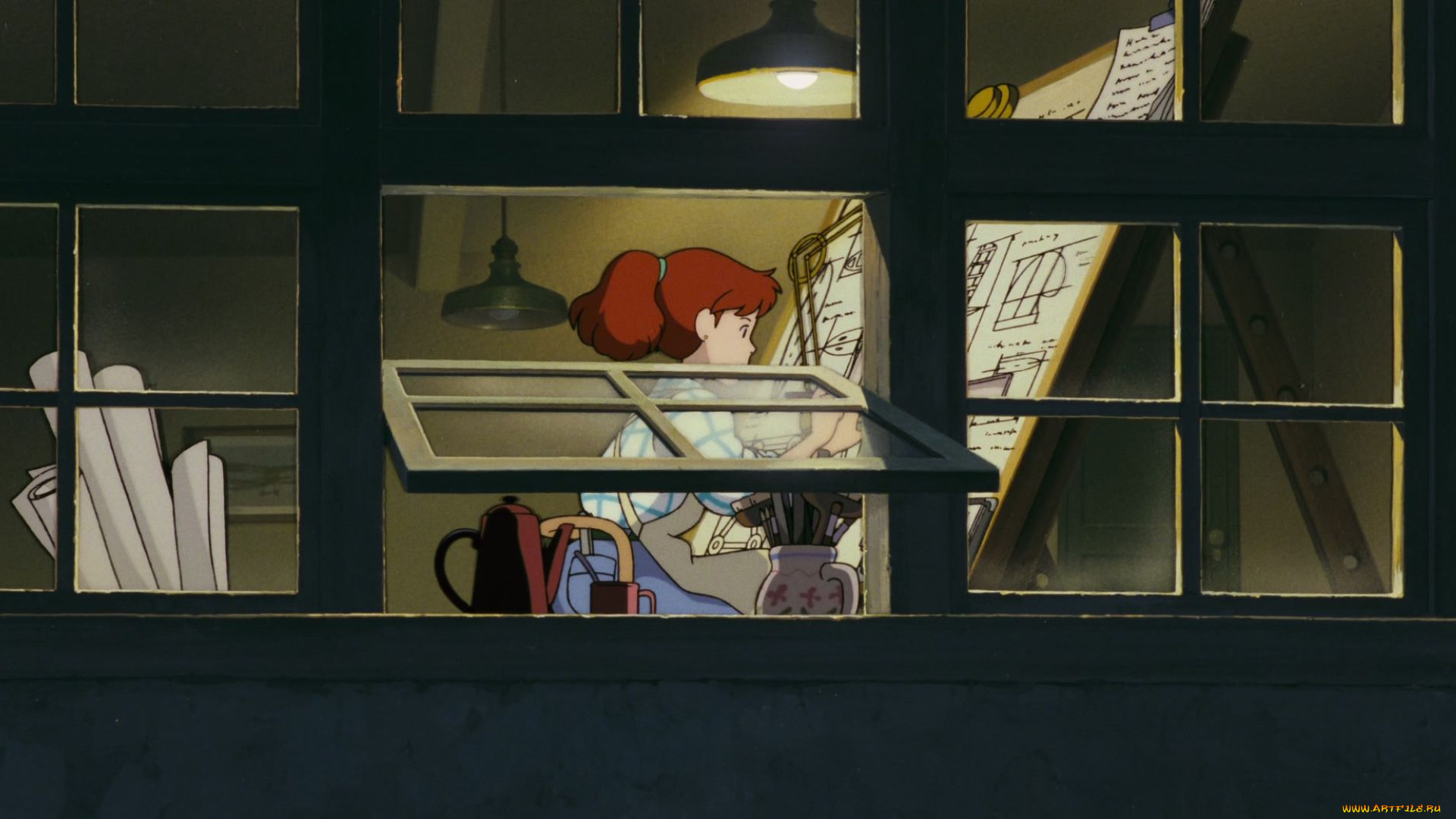 аниме, unknown, , другое, , девушка, окно, чертеж