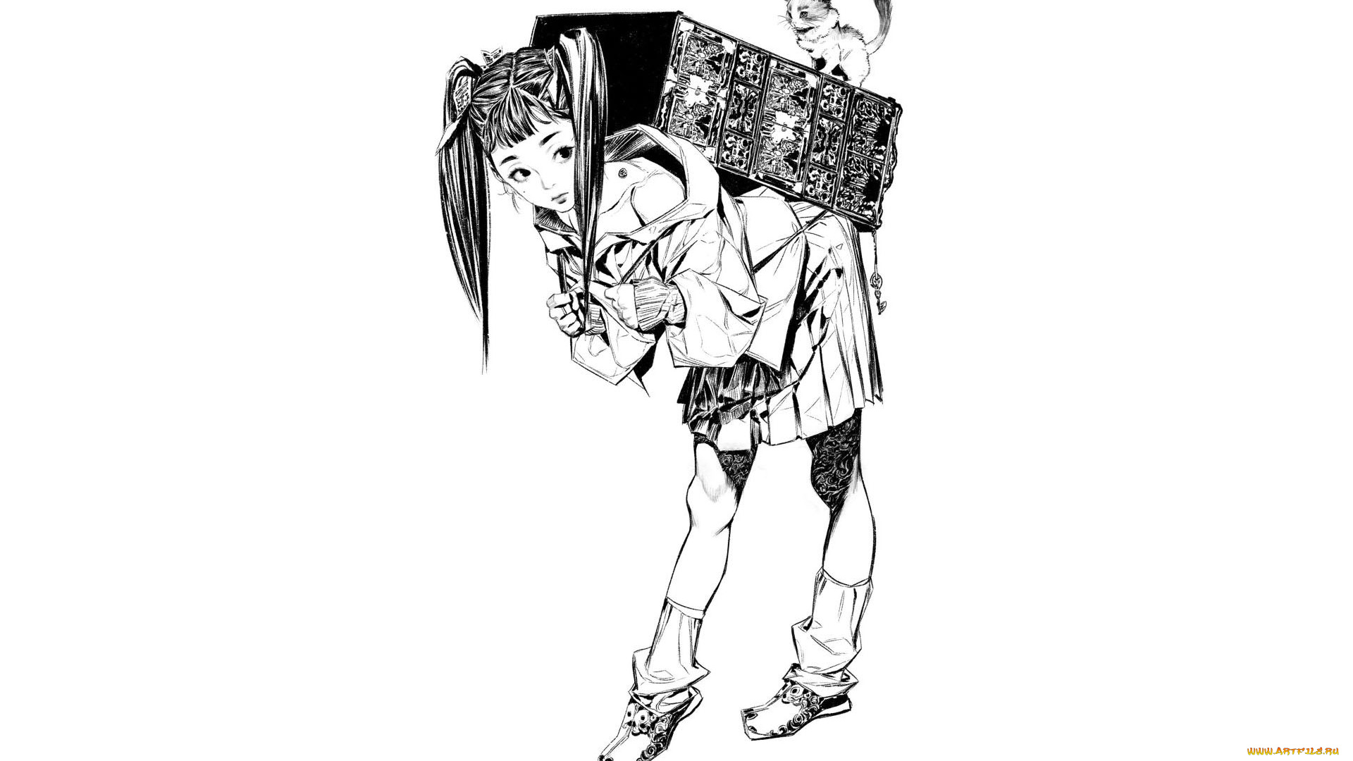 аниме, животные, , существа, девочка, короб, котенок