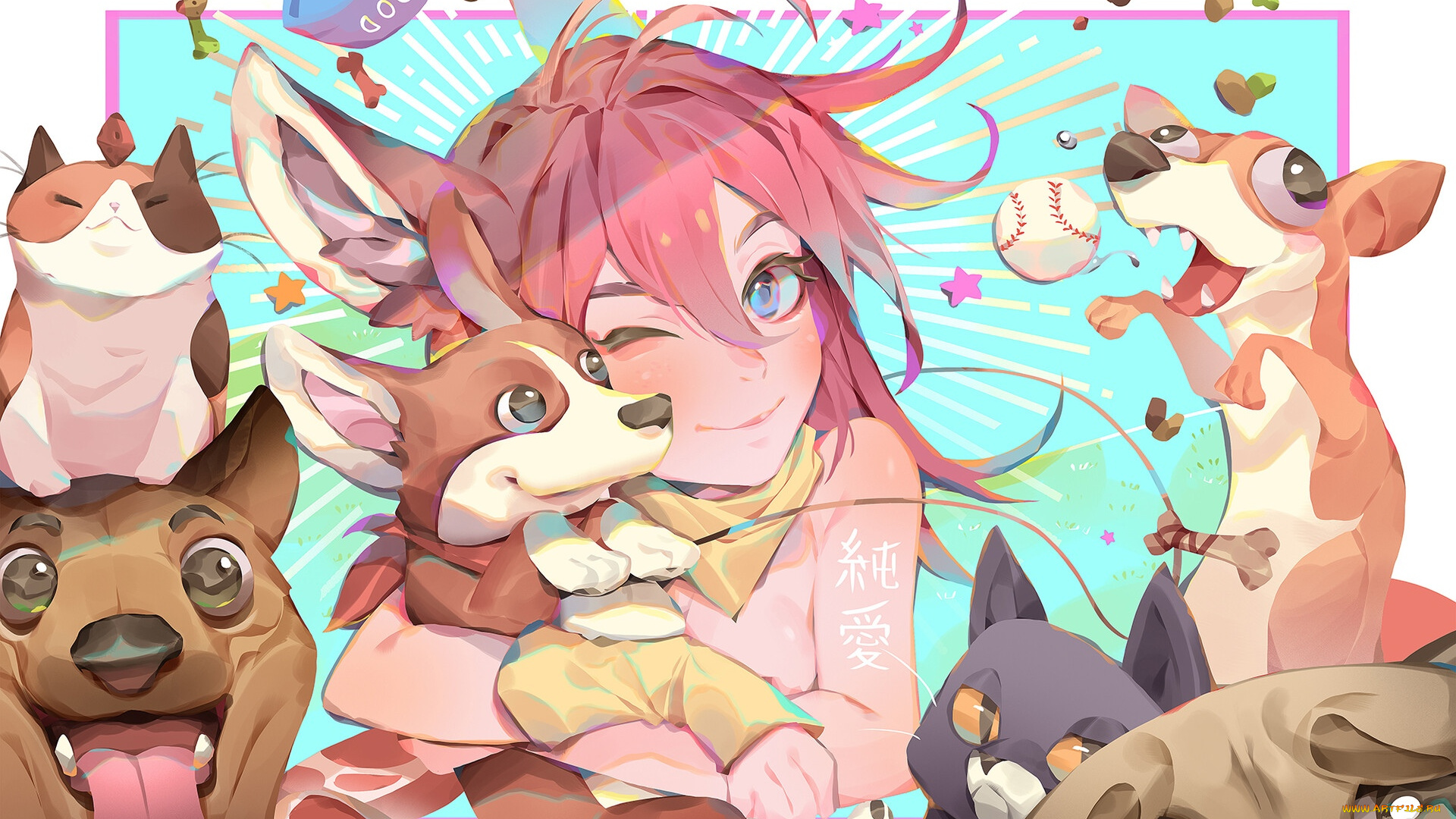аниме, животные, , существа, девочка, ушки, собаки