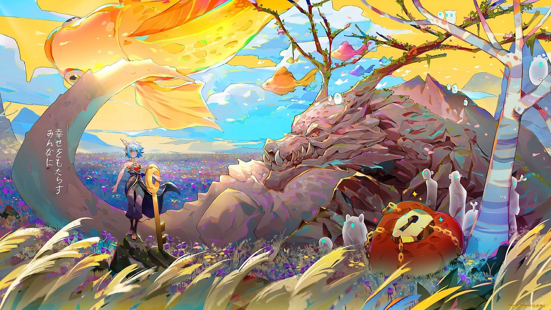 аниме, животные, , существа, девушка, ключ, замок, дракон