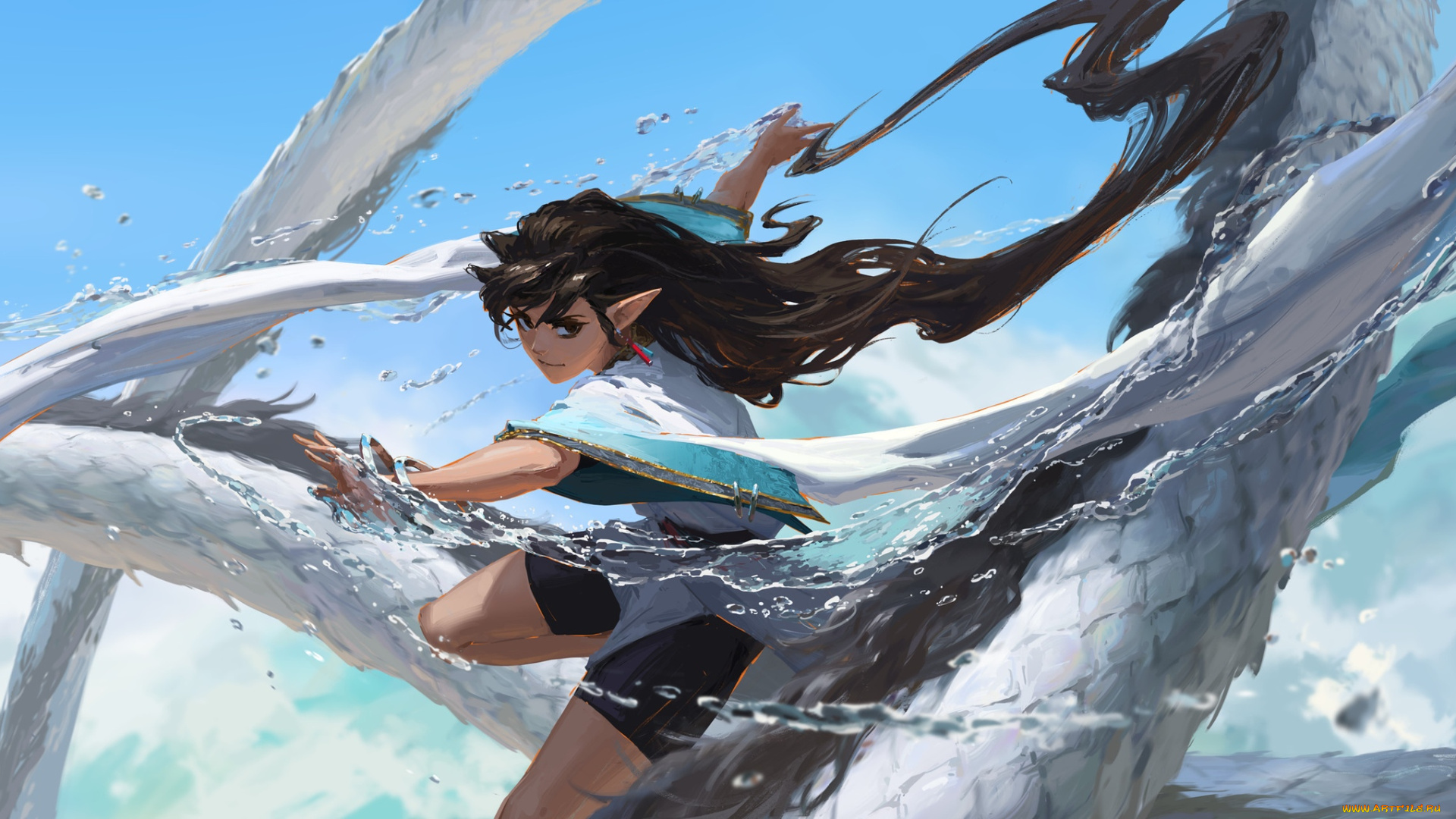 аниме, животные, , существа, девушка, ушки, вода, магия, дракон