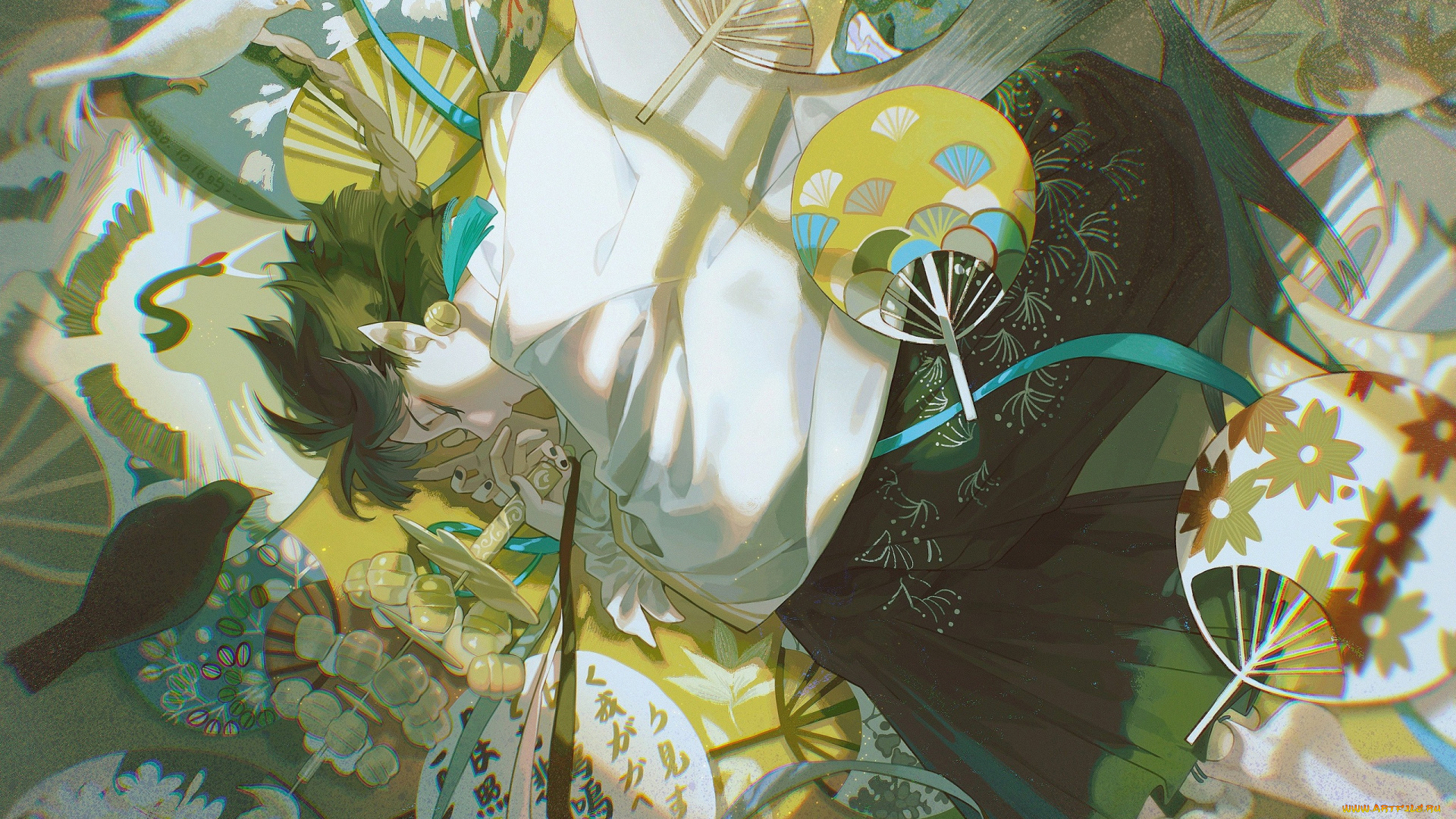 аниме, животные, , существа, парень, веера, птицы