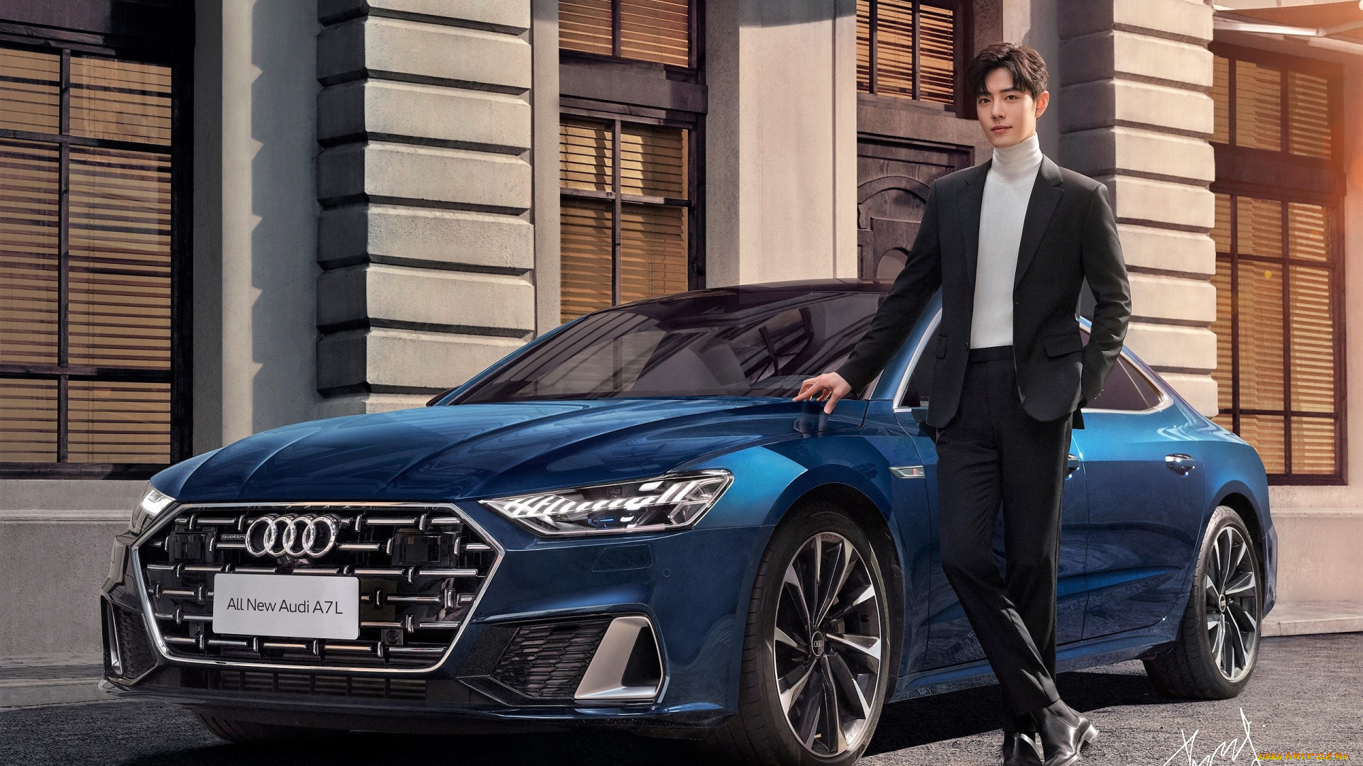 мужчины, xiao, zhan, актер, костюм, водолазка, ауди, машина, синяя, здание