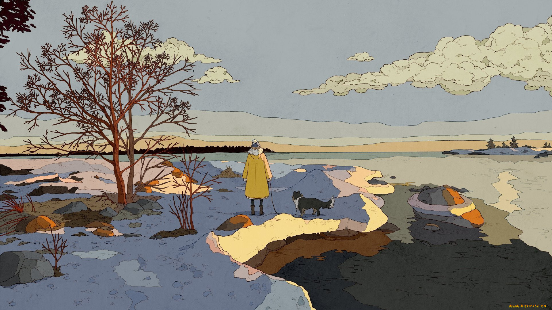 рисованное, люди, человек, собака, снег, деревья, ручей
