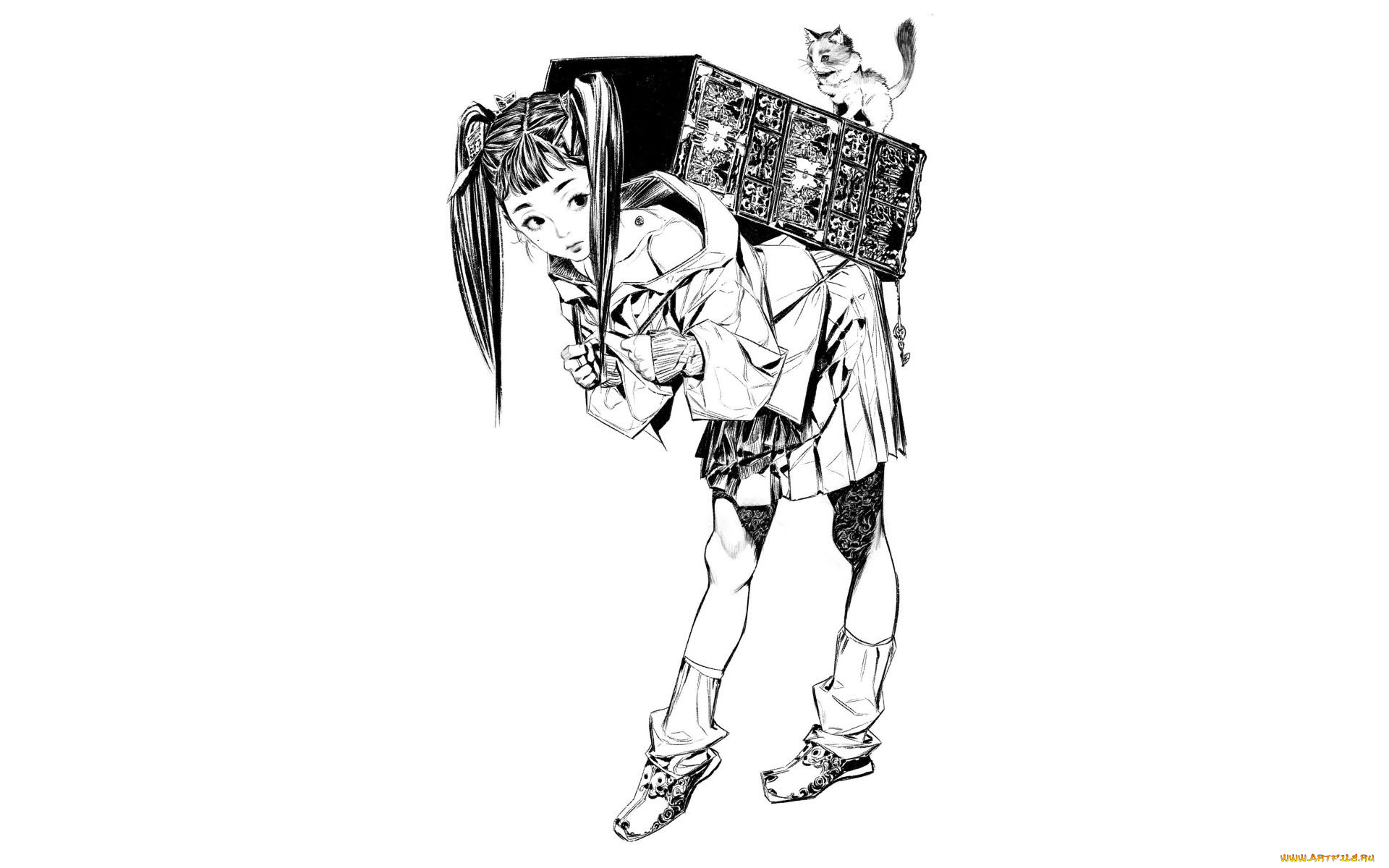 аниме, животные, , существа, девочка, короб, котенок