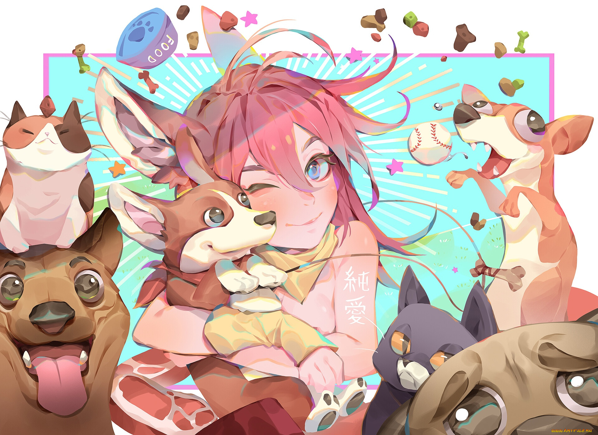 аниме, животные, , существа, девочка, ушки, собаки