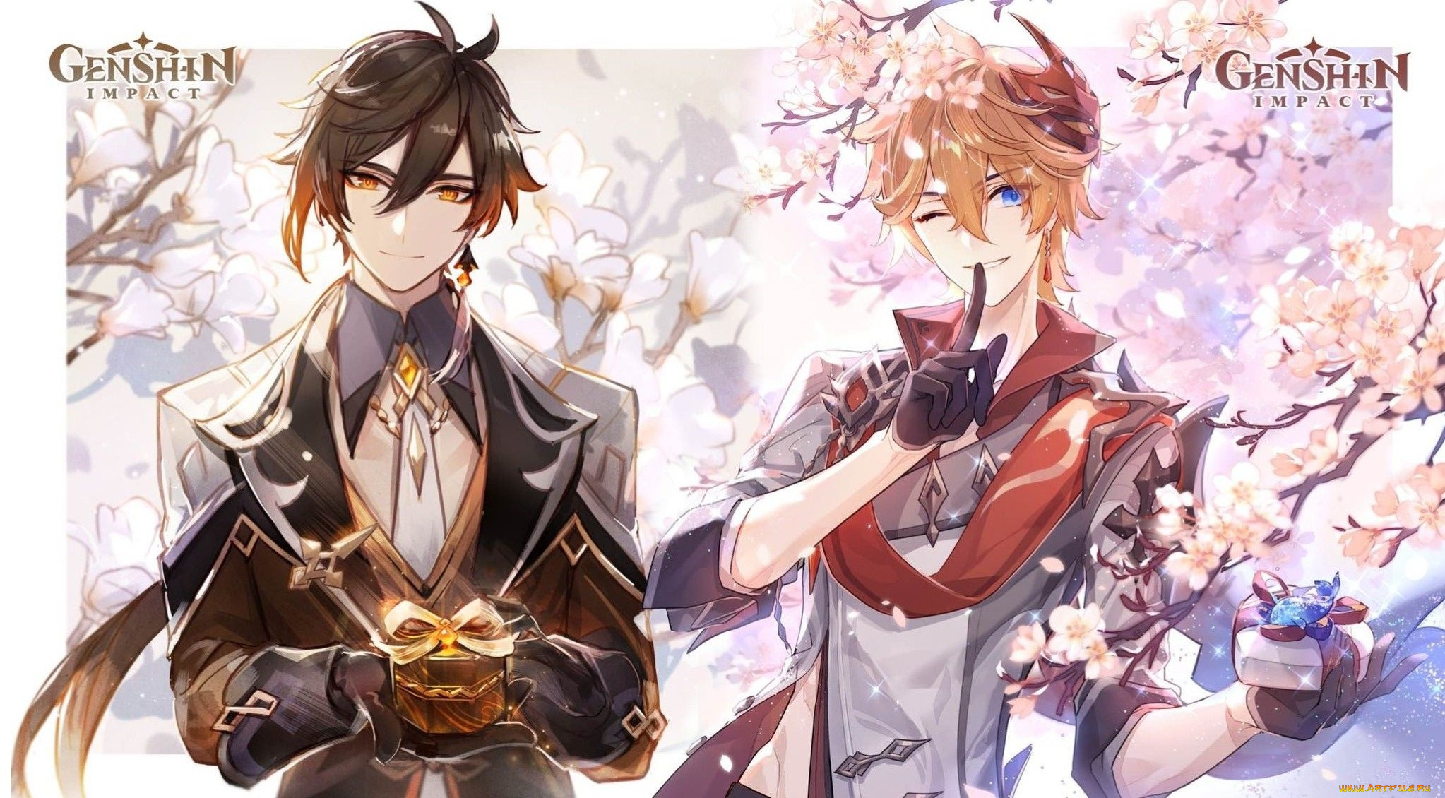 аниме, genshin, impact, парни, подарки, ветка, цветение