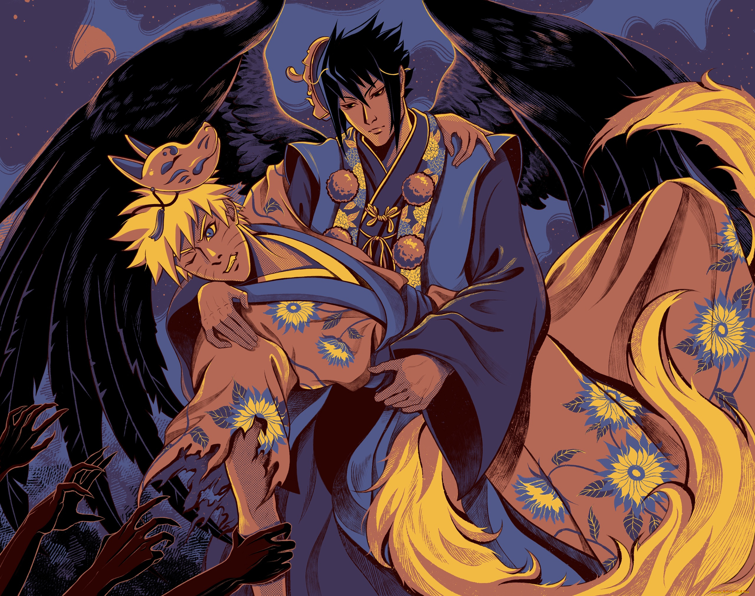 аниме, naruto, наруто, узумаки, саске, учиха, руки, маски, крылья