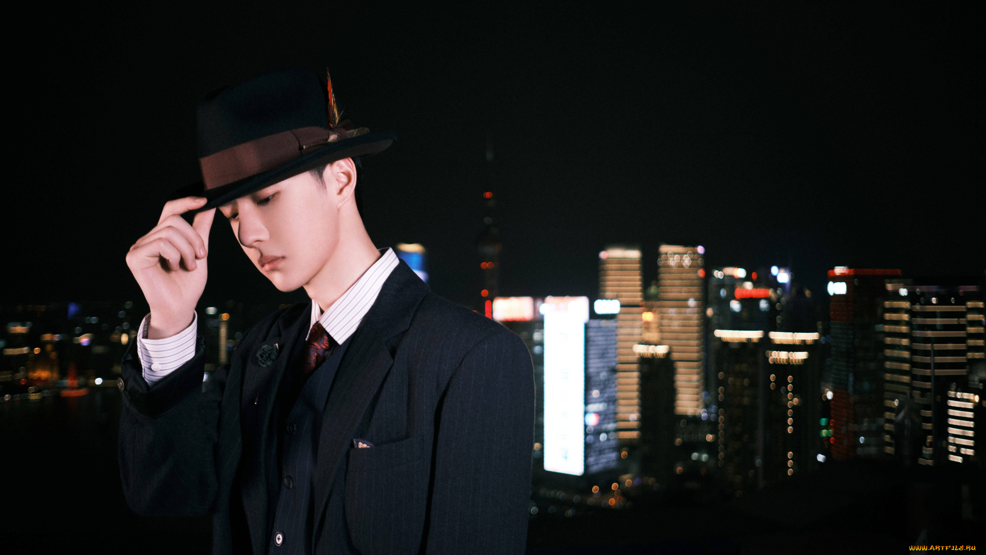 мужчины, wang, yi, bo, костюм, шляпа, город