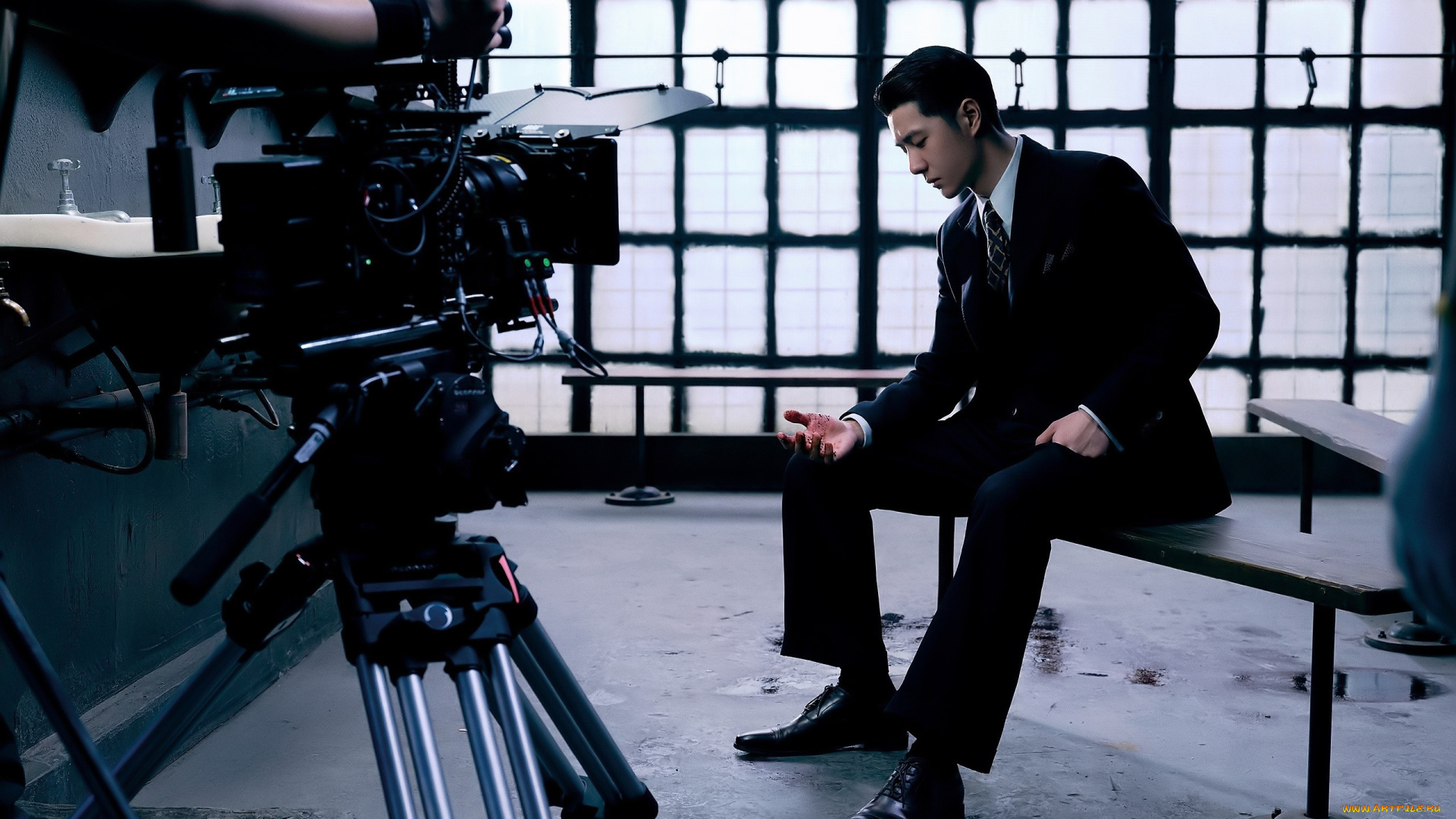 мужчины, wang, yi, bo, костюм, скамейка, камера, кровь