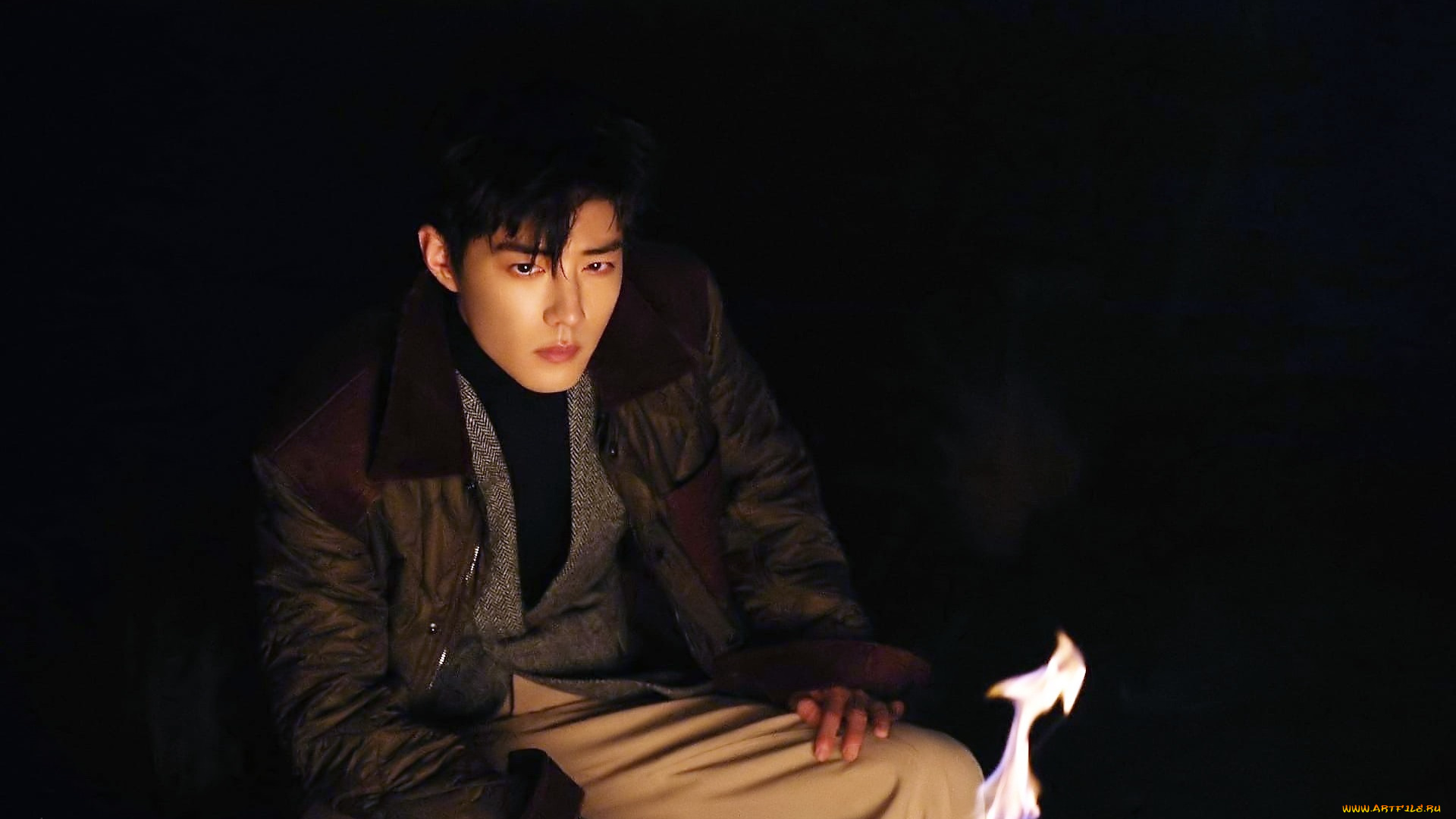 мужчины, xiao, zhan, актер, куртка, костер