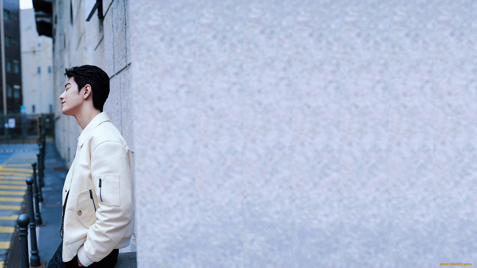 мужчины, xiao, zhan, актер, куртка, улица, стена