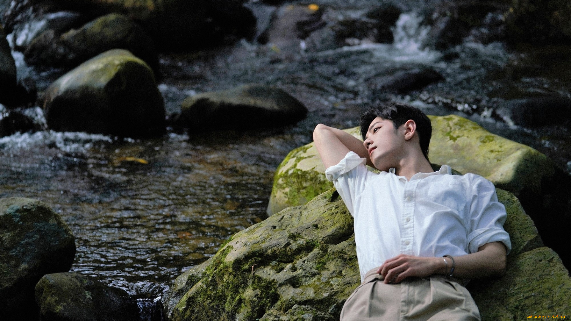 мужчины, xiao, zhan, актер, рубашка, камни, ручей