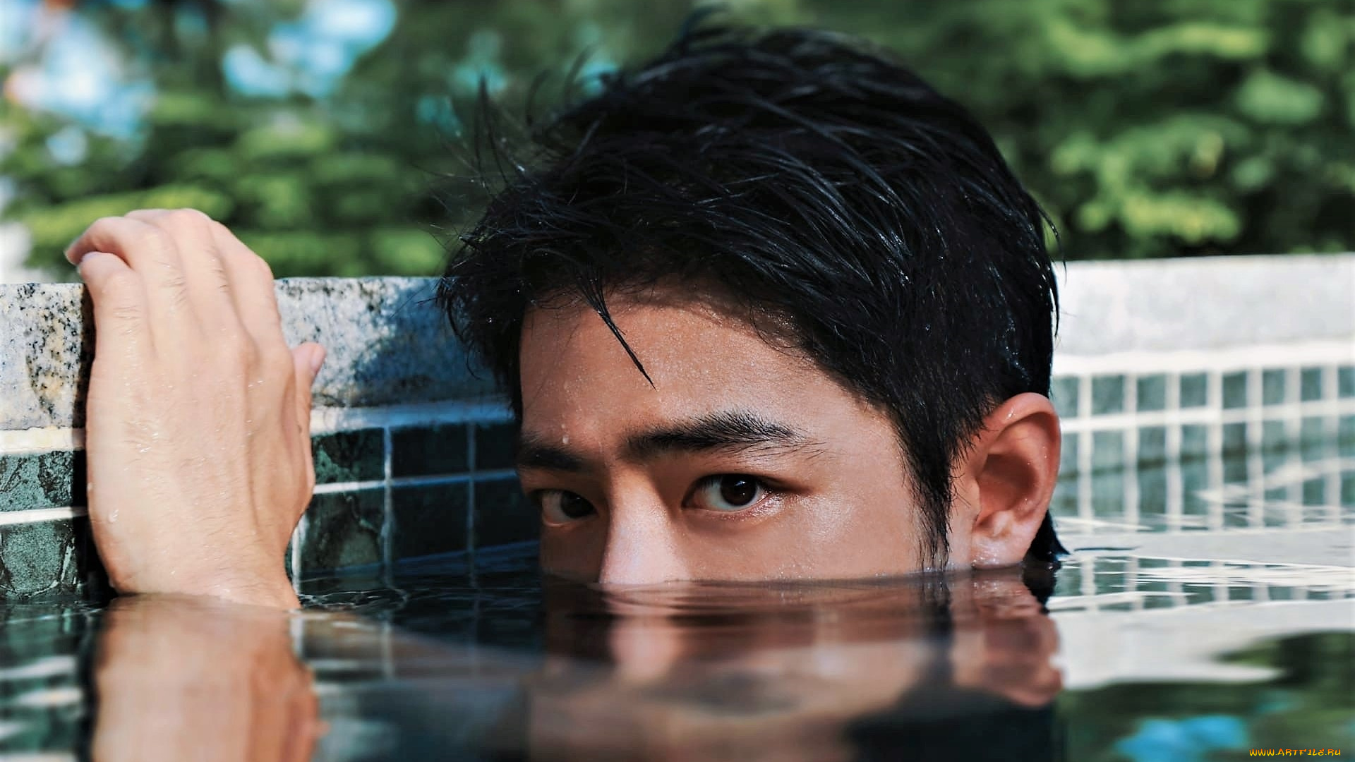 мужчины, xiao, zhan, лицо, бассейн