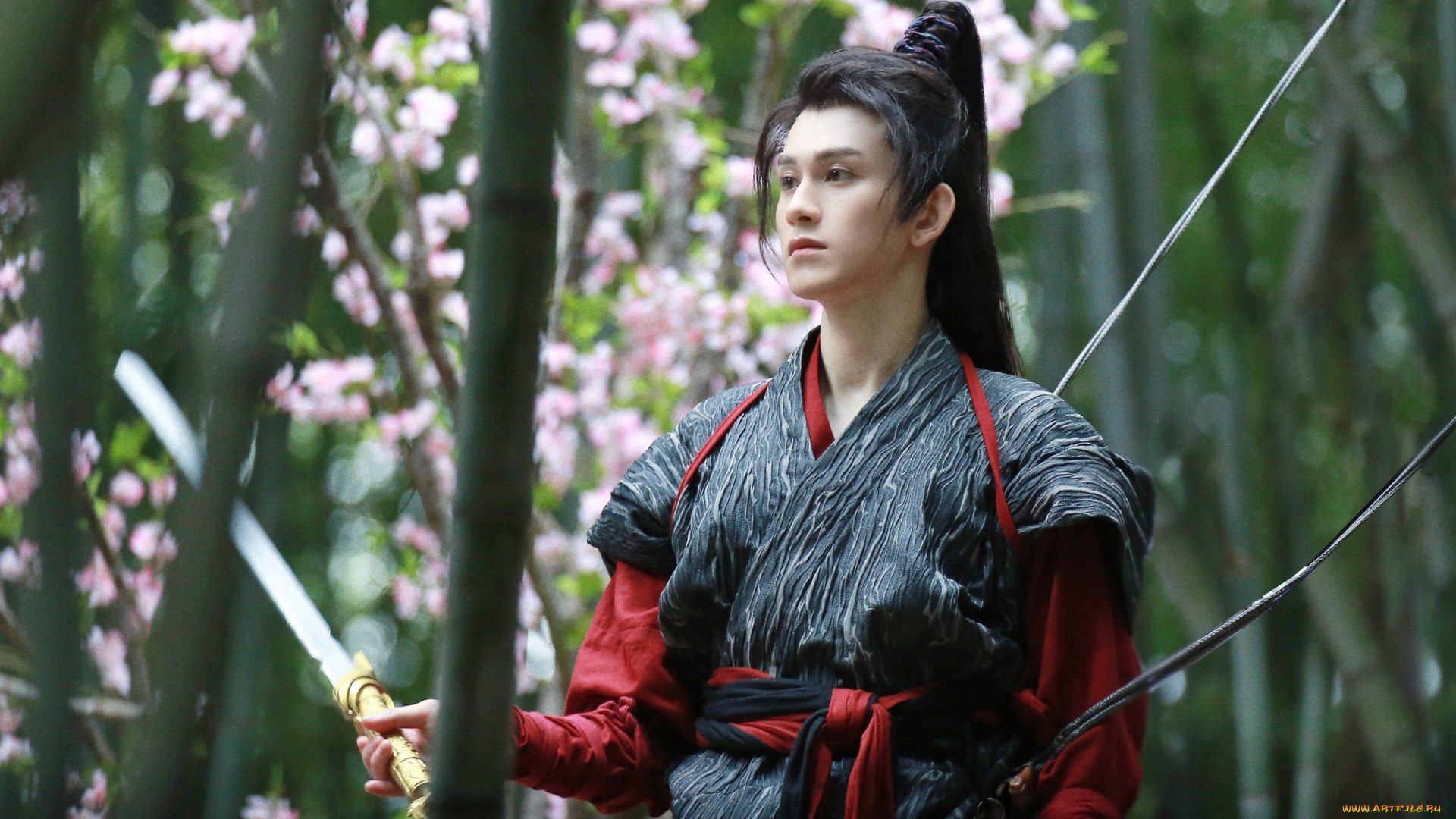 мужчины, zhu, zanjin, актер, костюм, меч, лес