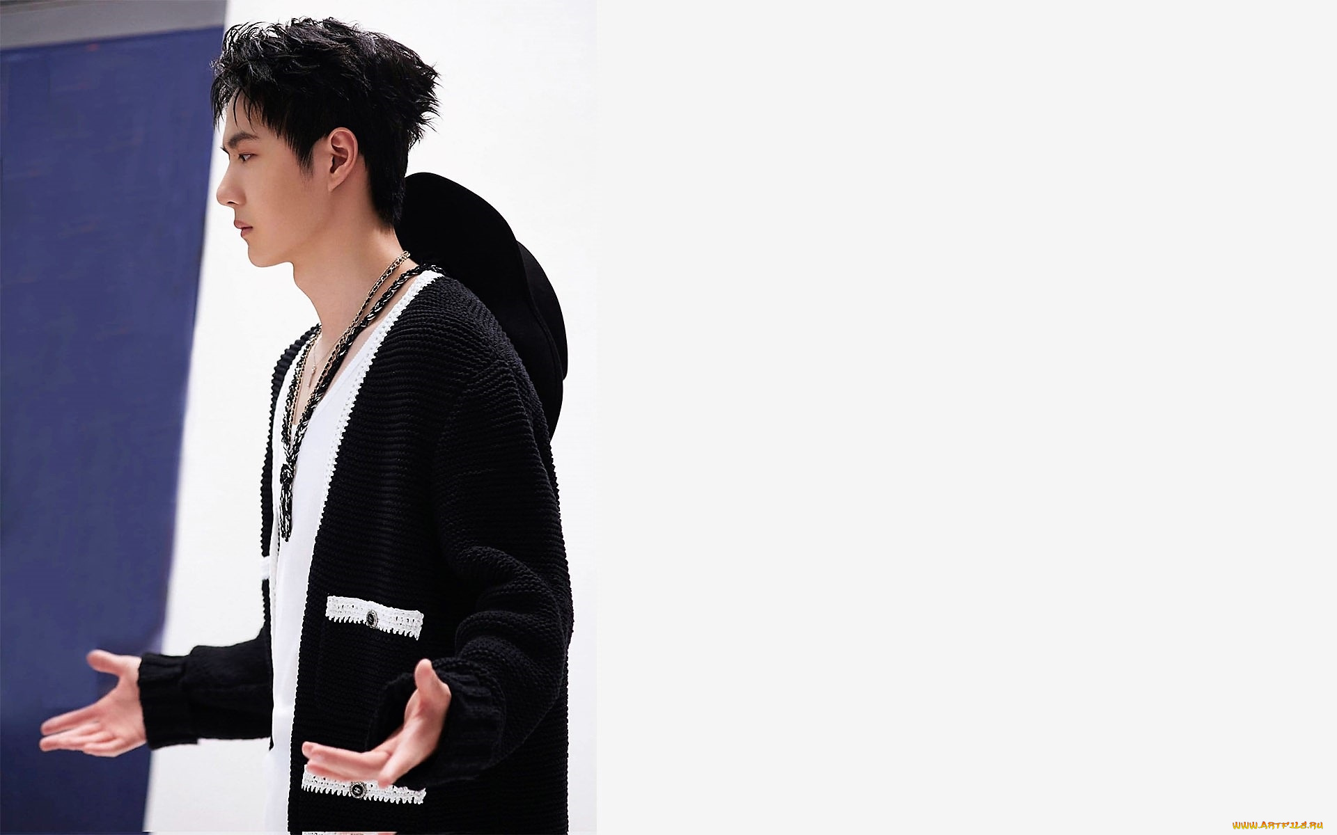 мужчины, wang, yi, bo, актер, кардиган, украшения, жест