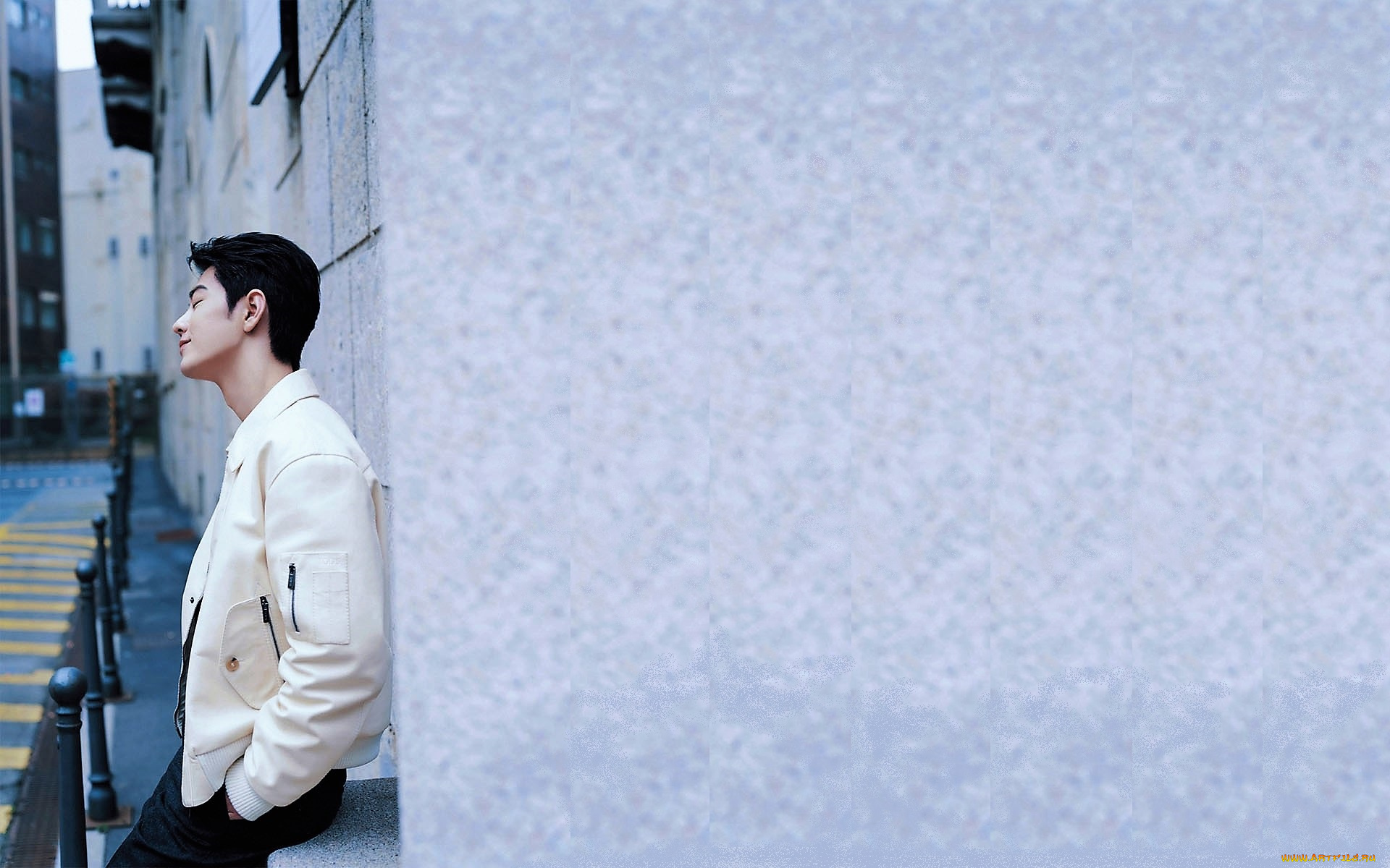 мужчины, xiao, zhan, актер, куртка, улица, стена