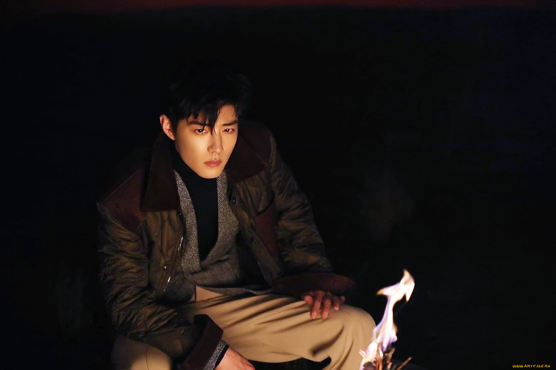 мужчины, xiao, zhan, актер, куртка, костер