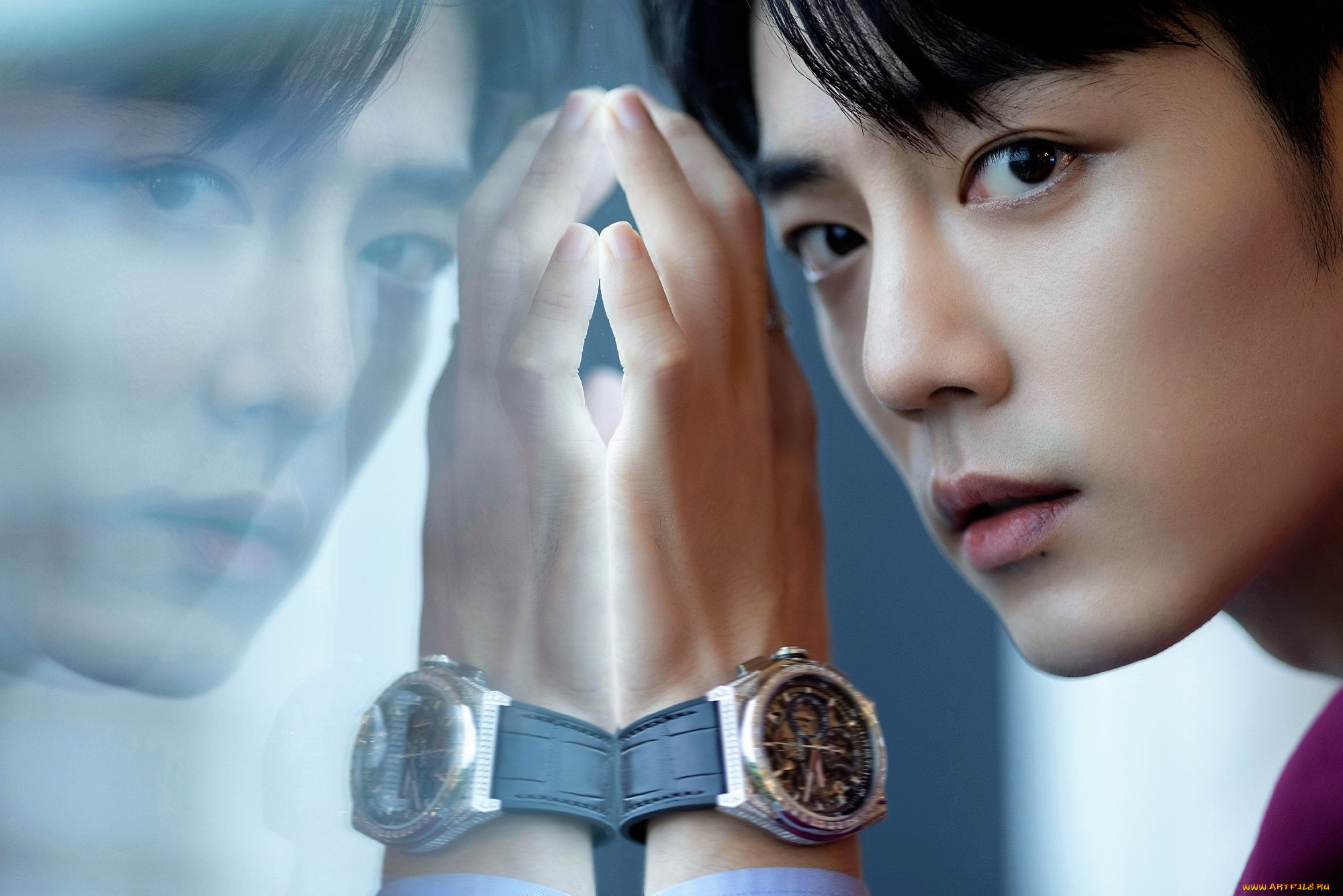 мужчины, xiao, zhan, актер, пиджак, лицо, часы, окно, стекло