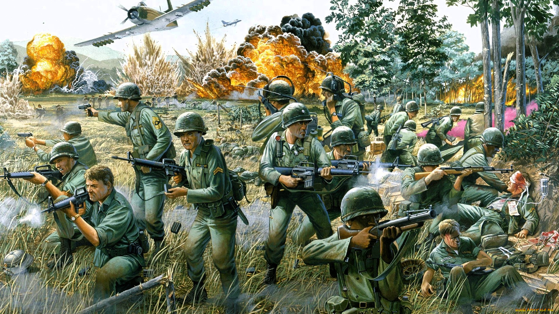 рисованное, армия, солдаты, война, поле, самолет, огонь