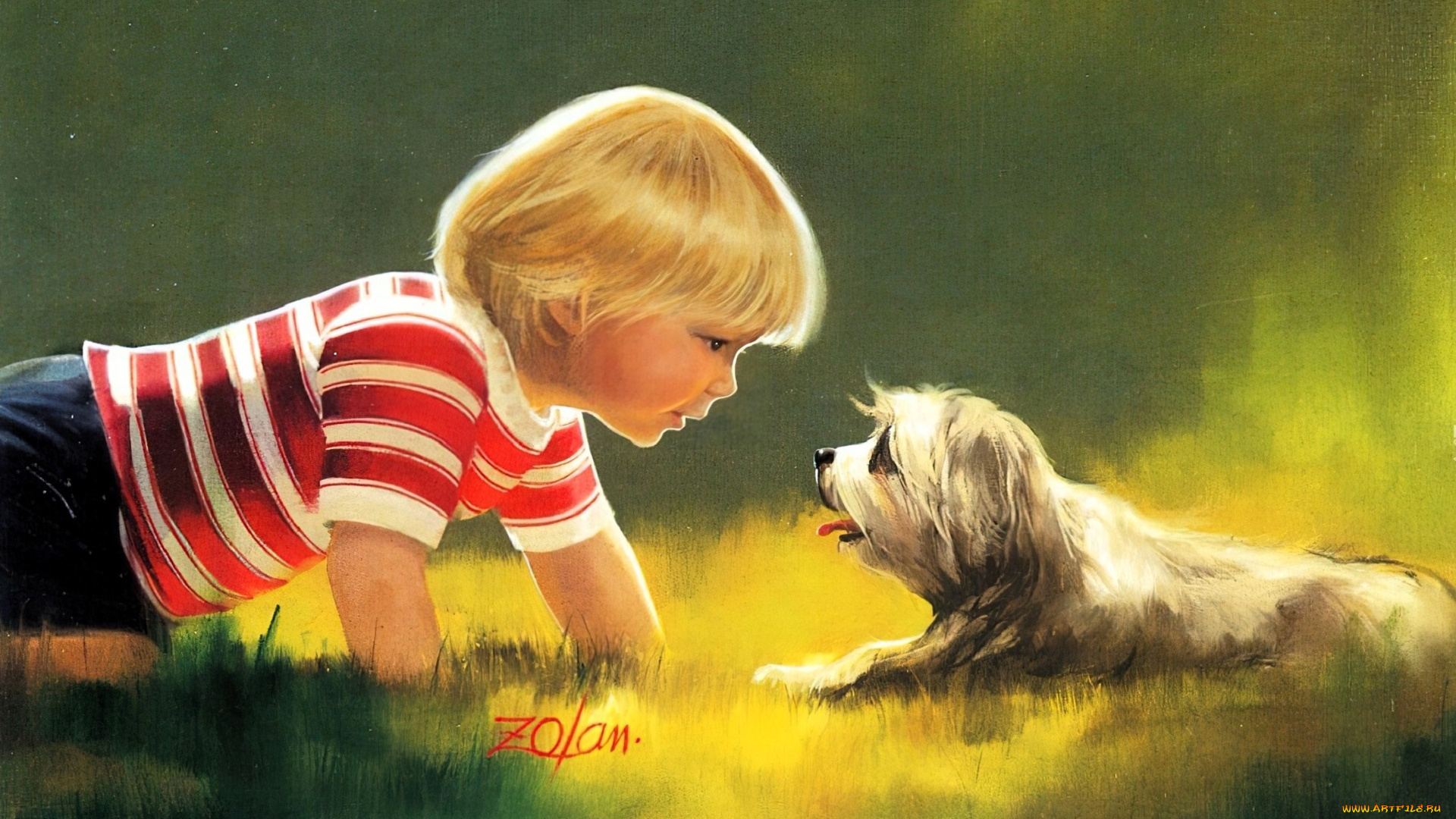 рисованное, donald, zolan, мальчик, собака, лужайка