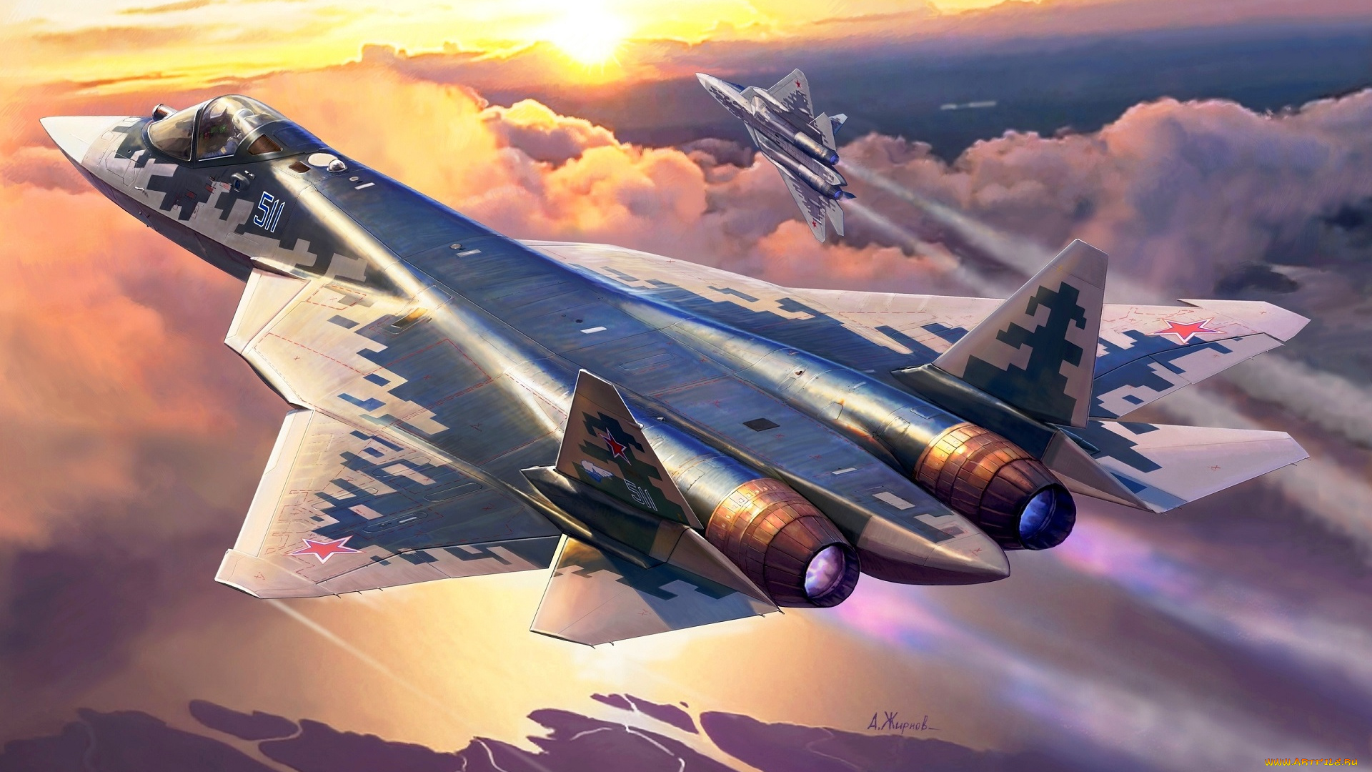 боевые, самолёты, авиация, 3д, рисованые, v-graphic, сверхзвуковой, облака, закат, красивый